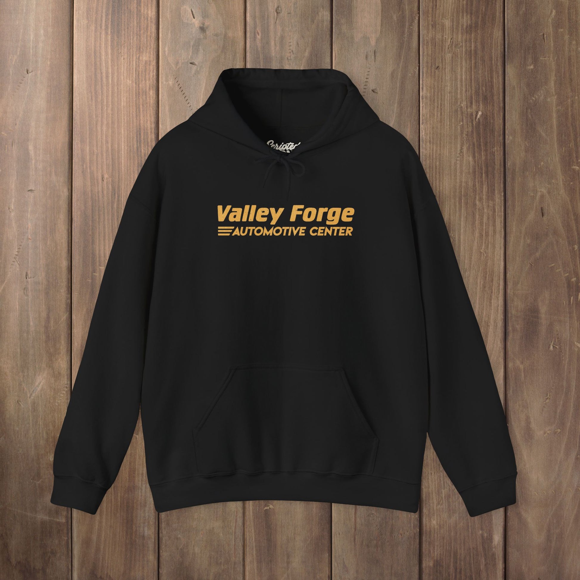 Black Valley Forge Automotive Center hoodie with distressed logo, Tires TV show inspired sweatshirt