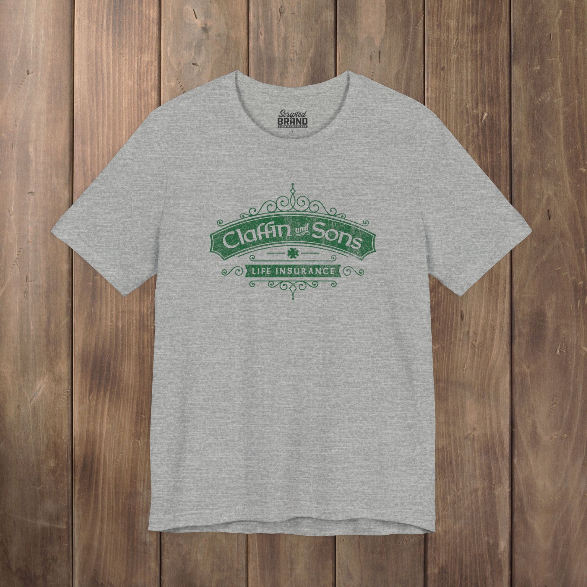 Heather gray tee with vintage distressed Claffin and Sons Life Insurance, Bad Sisters TV show graphic