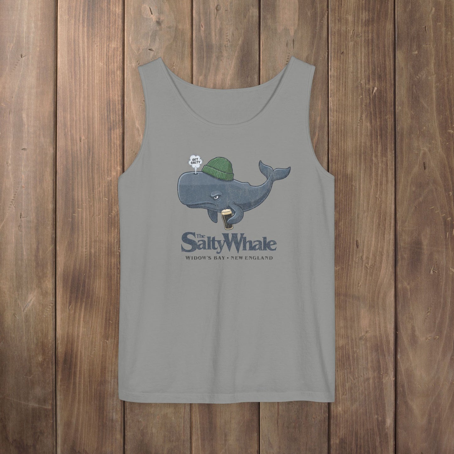 Gray Comfort Colors tank with the Salty Whale logo from Widow's Bay, a beanie-wearing cartoon whale drinking dark beer