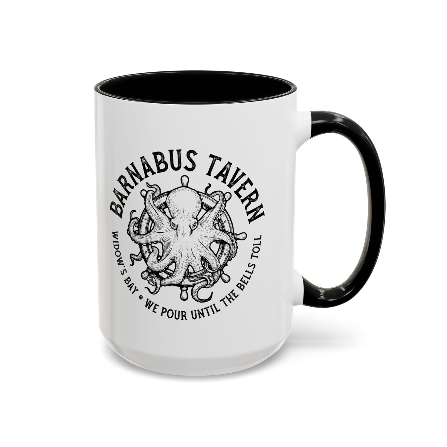 15 oz White accent mug with black handle on left and vintage Barnabus Tavern octopus ship's wheel design inspired by Widow's Bay.