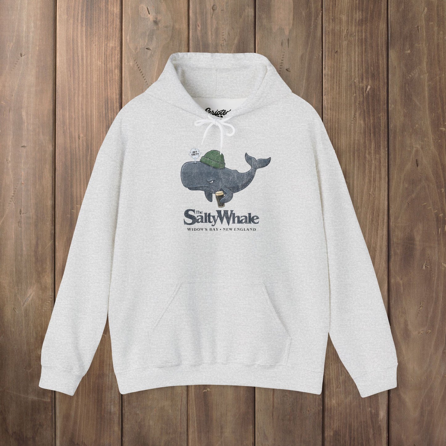 Ash 'The Salty Whale' cartoon mascot hoodie inspired by Widow's Bay Apple TV series, heavy blend pullover sweatshirt