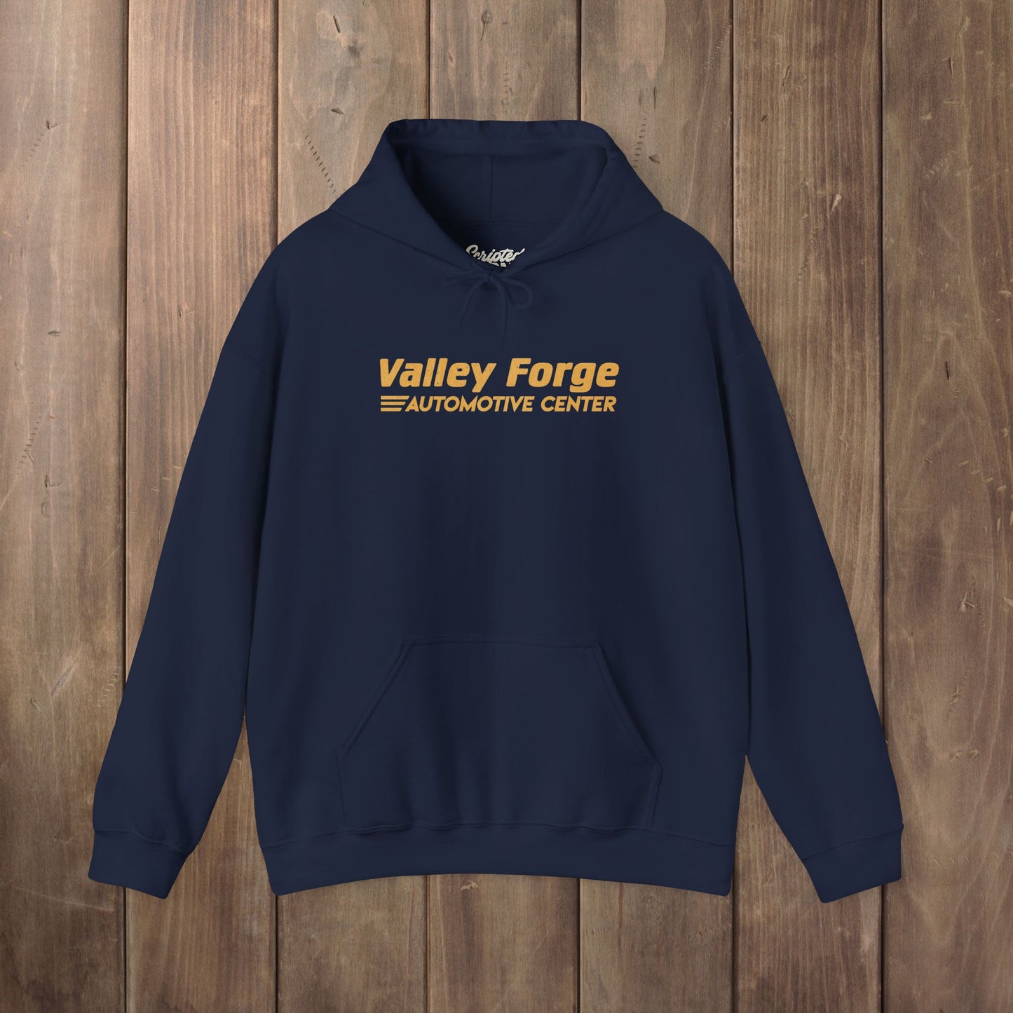 Navy blue Valley Forge Automotive Center hoodie with distressed logo, Tires TV show inspired sweatshirt