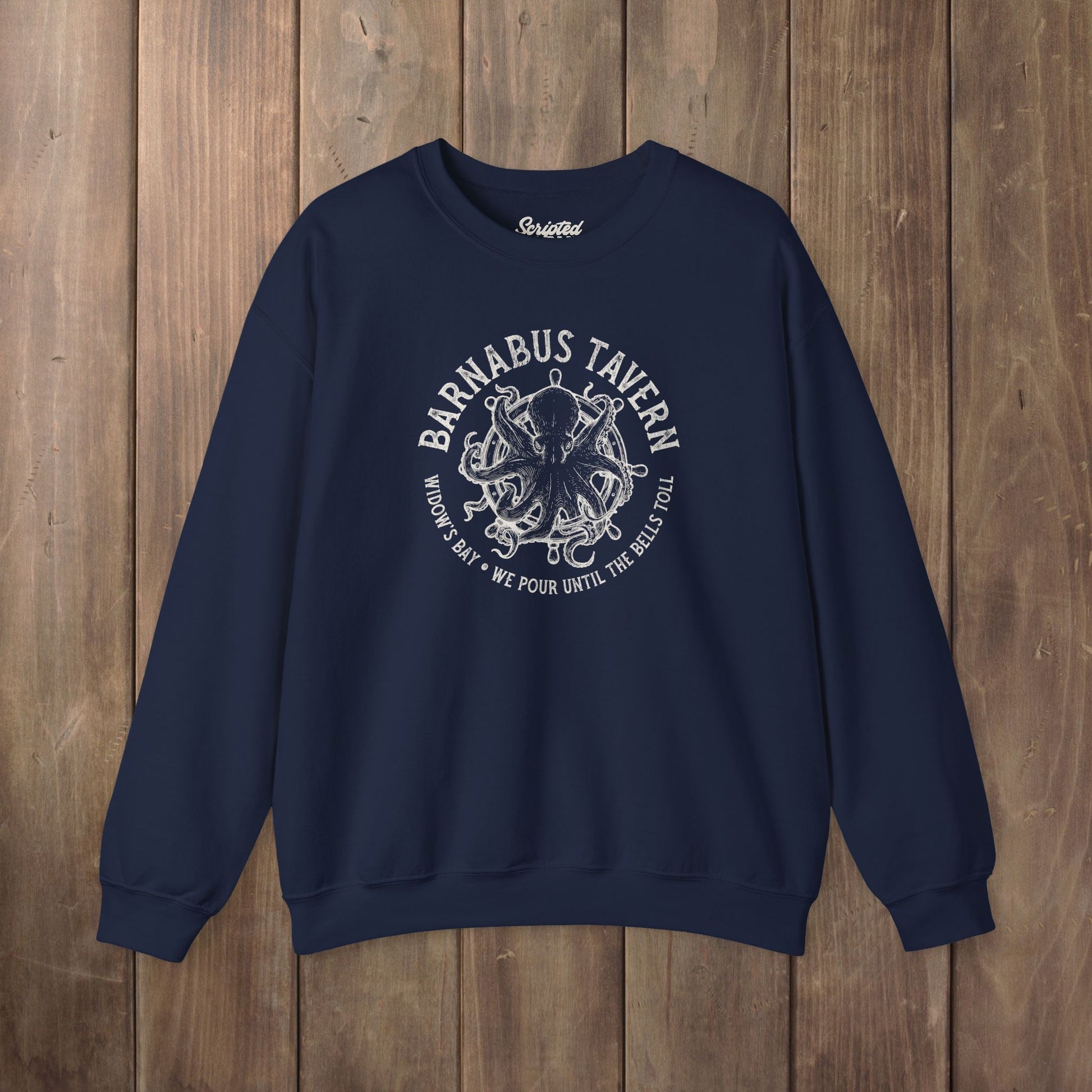 Navy blue crewneck sweatshirt with vintage Barnabus Tavern graphic from Widow's Bay TV show octopus design
