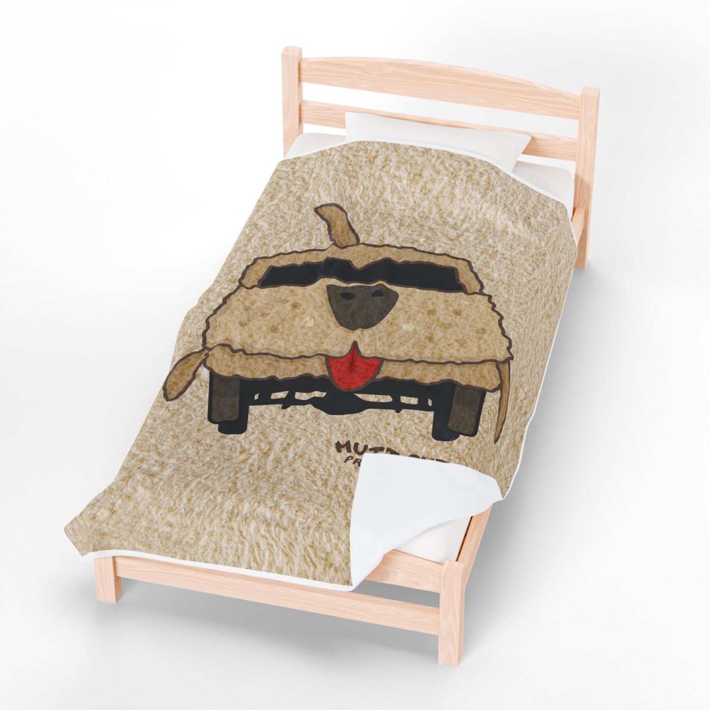 Angled view of 60x80 Velveteen plush blanket with large Mutt Cutts dog van graphic inspired by Dumb and Dumber, shown on a bed.