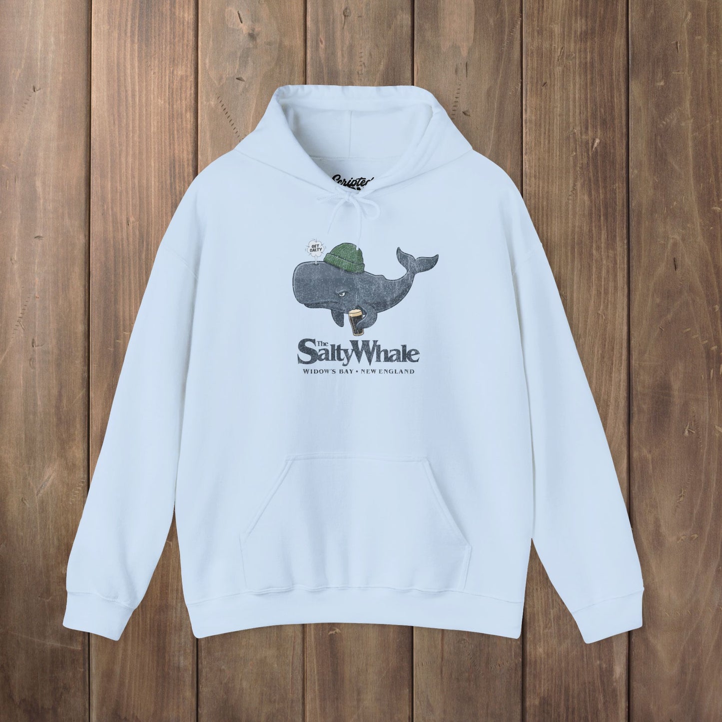 Light Blue 'The Salty Whale' cartoon mascot hoodie inspired by Widow's Bay Apple TV series, heavy blend pullover sweatshirt
