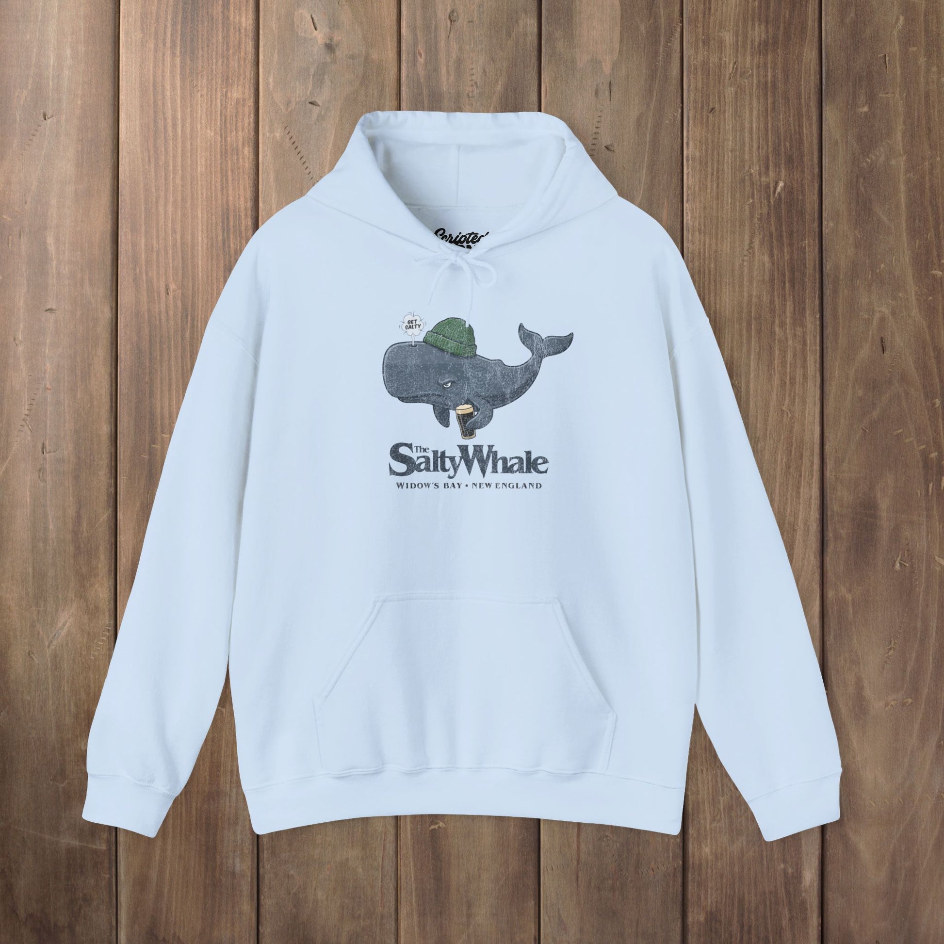 Light Blue 'The Salty Whale' cartoon mascot hoodie inspired by Widow's Bay Apple TV series, heavy blend pullover sweatshirt