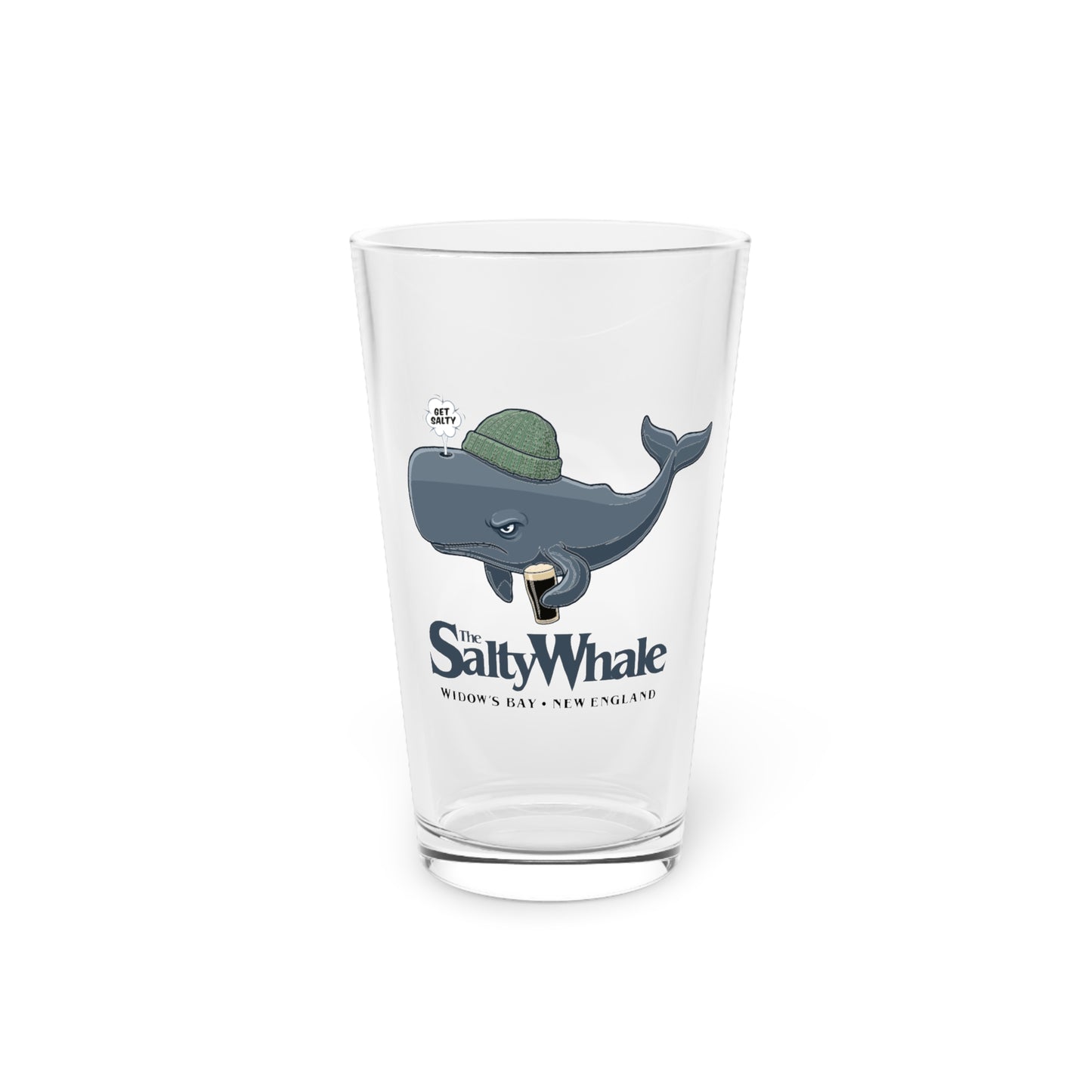The Salty Whale cartoon mascot pint glass inspired by Widow's Bay Apple TV series, 16oz beer glass with white background