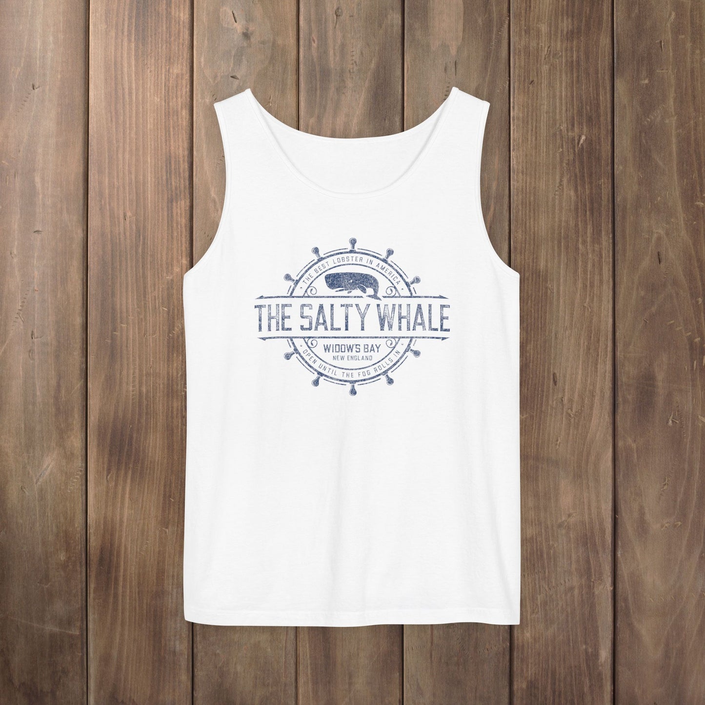 White garment-dyed tank top with vintage Widow's Bay The Salty Whale nautical crest design