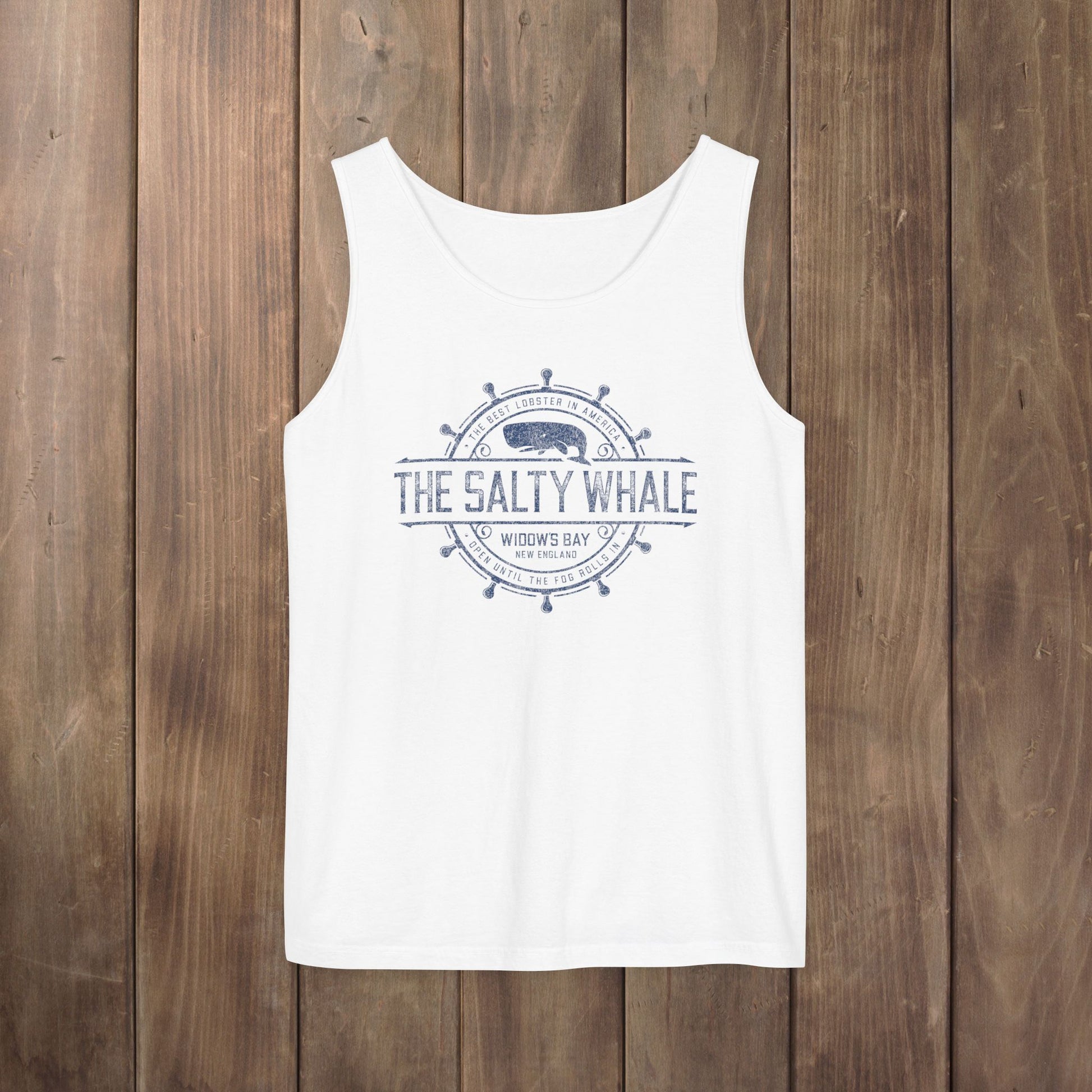 White garment-dyed tank top with vintage Widow's Bay The Salty Whale nautical crest design