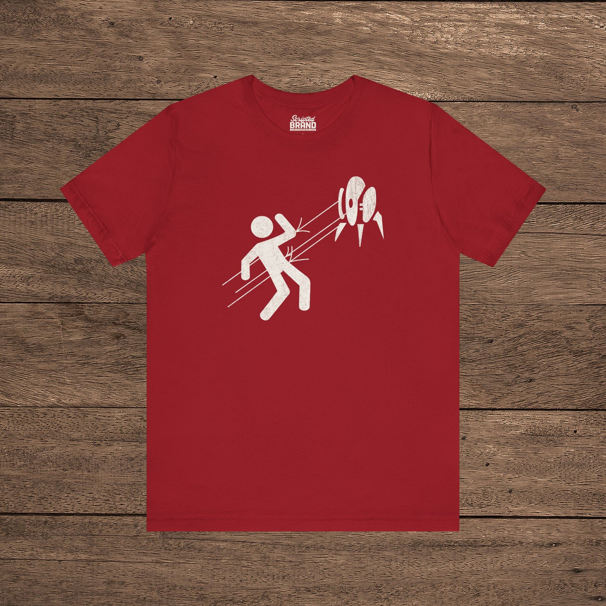 Red Aperture Science Turret warning icon t-shirt on Bella+Canvas 3001, vintage distressed print, Portal and Portal 2 fan tee.