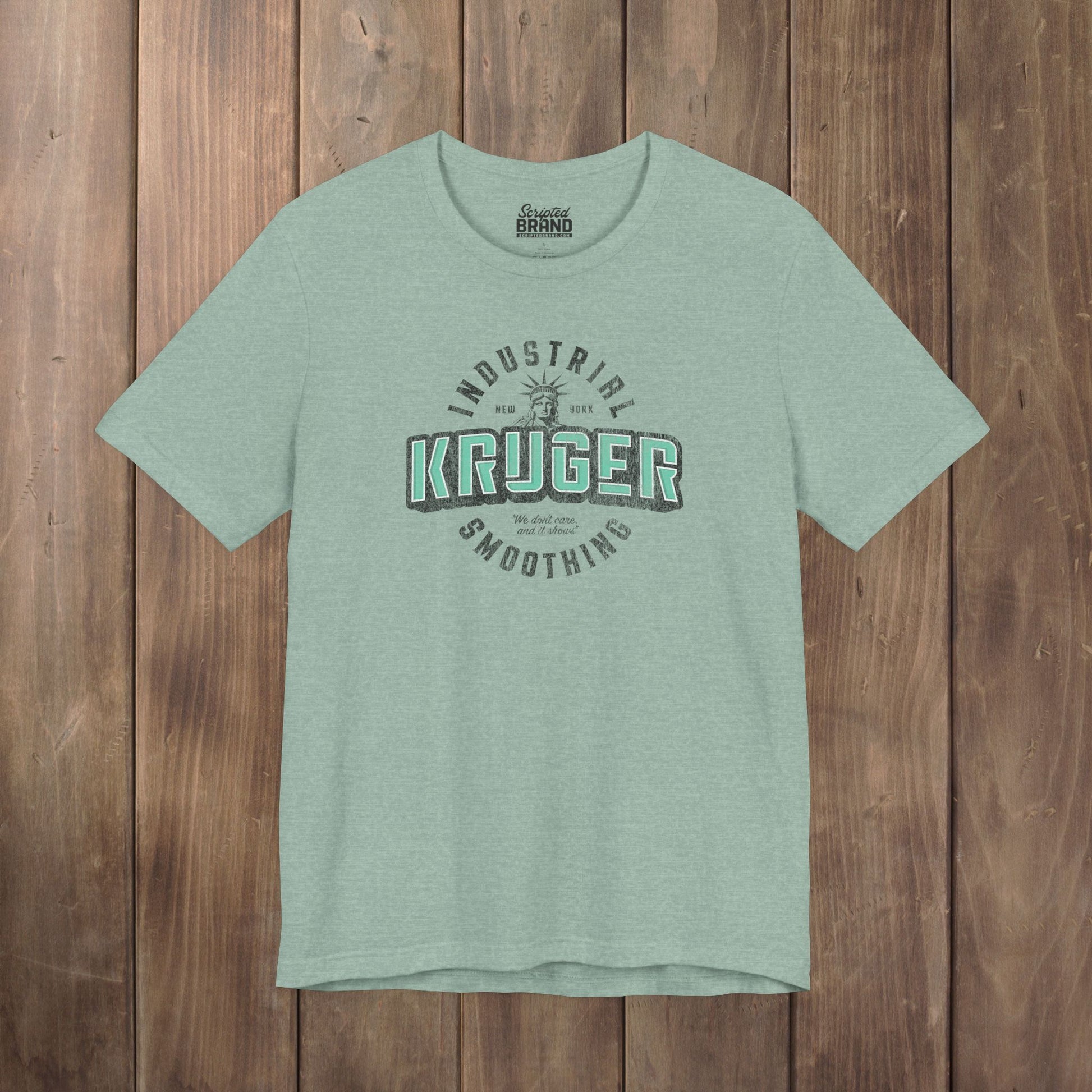 heather prism ice blue light green Bella+Canvas t-shirt featuring a Kruger Industrial Smoothing logo graphic inspired by the TV show Seinfeld in a vintage distressed style.
