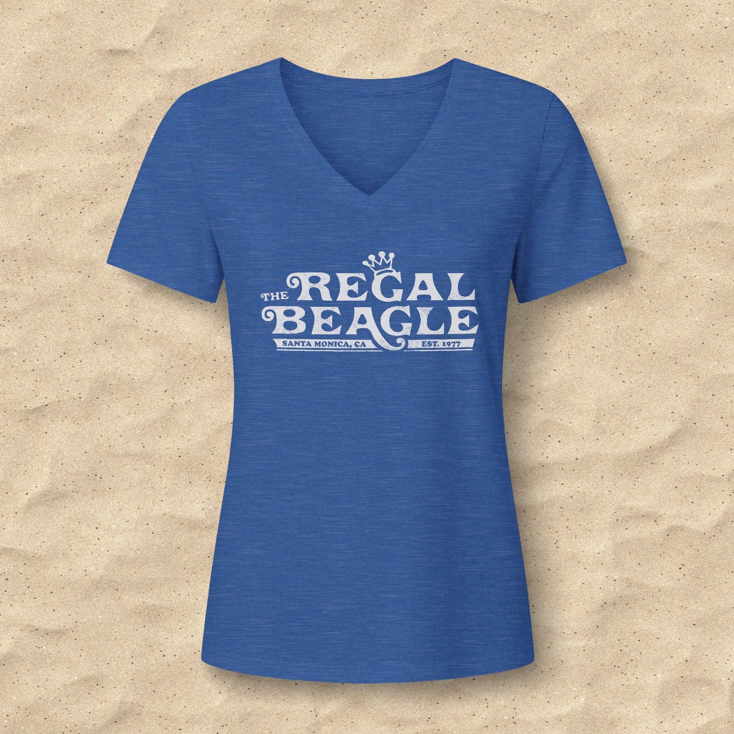 Heather royal blue womens v-neck tee with vintage distressed Regal Beagle Three's Company logo