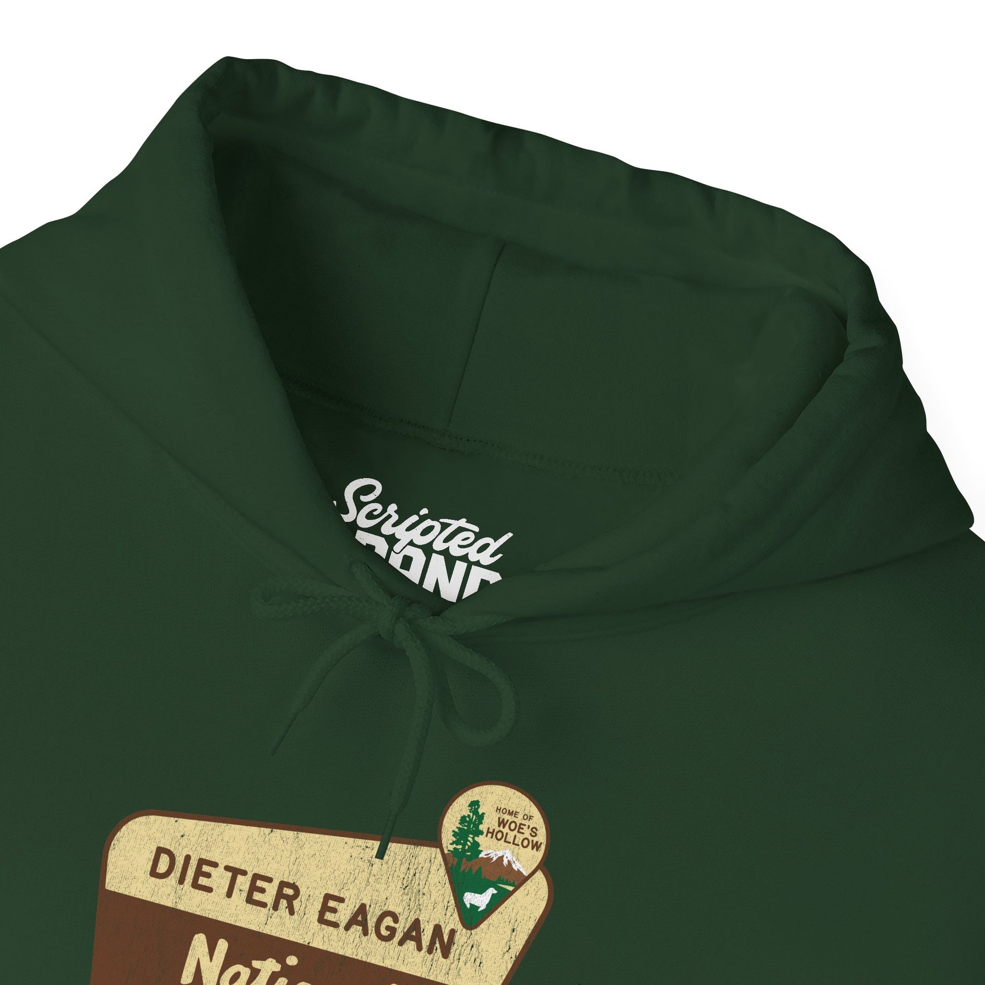 Zoomed in Forest green colored Soft Unisex Hoodie Heavy Blend Hooded Sweatshirt featuring the logo graphic of the Dieter Eagan National Forest inspired by the TV show Severance in a vintage distressed ink-stamped worn-in style.