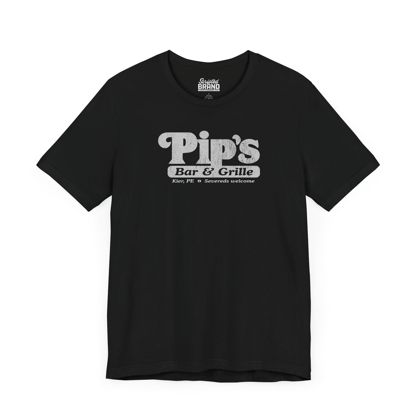 Front view of a black colored soft Bella+Canvas shirtsleeve t-shirt with the Pips Bar and Grill logo from the TV show Severance in a vintage distressed ink-stamped worn-in style.