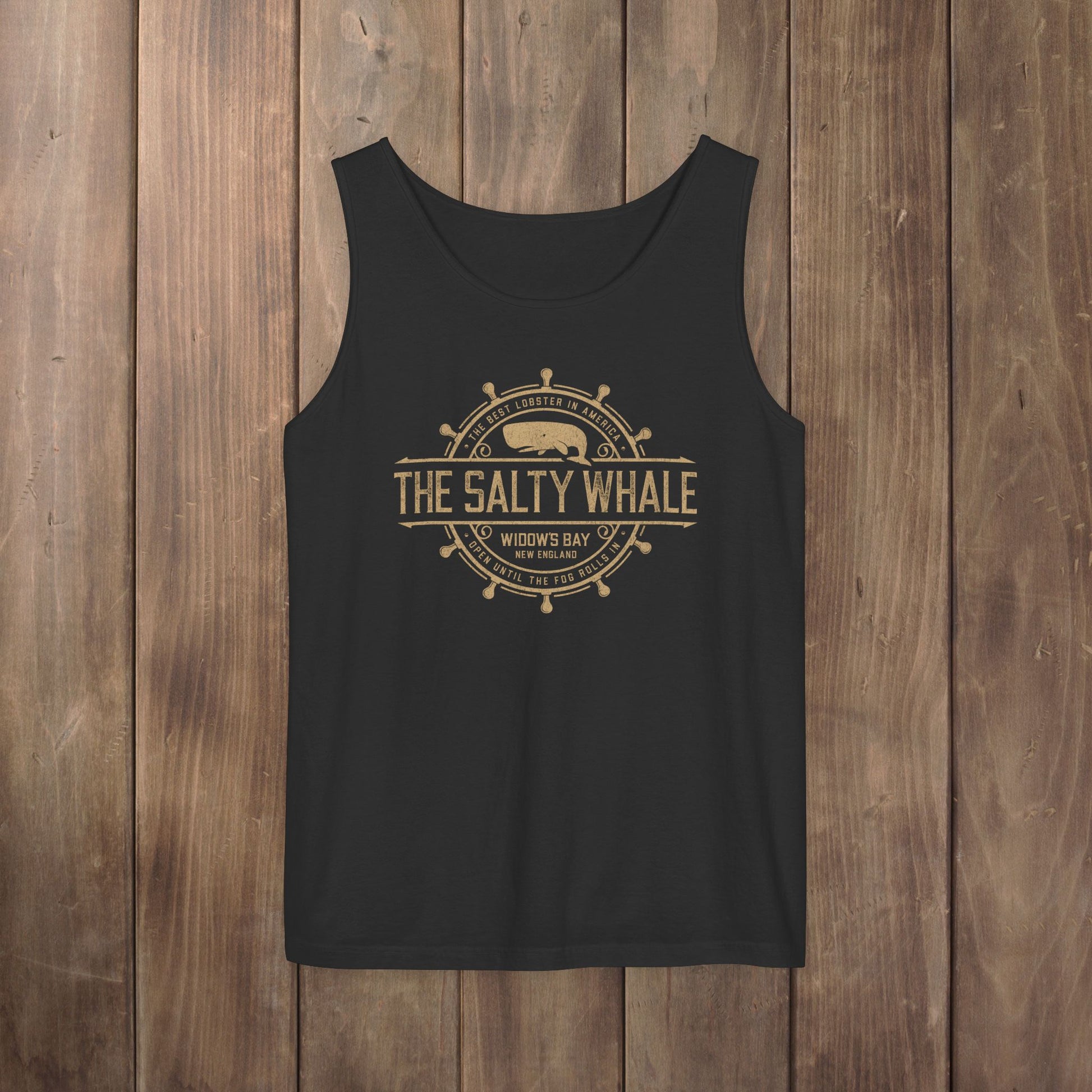 Black garment-dyed tank top with vintage Widow's Bay The Salty Whale nautical crest design