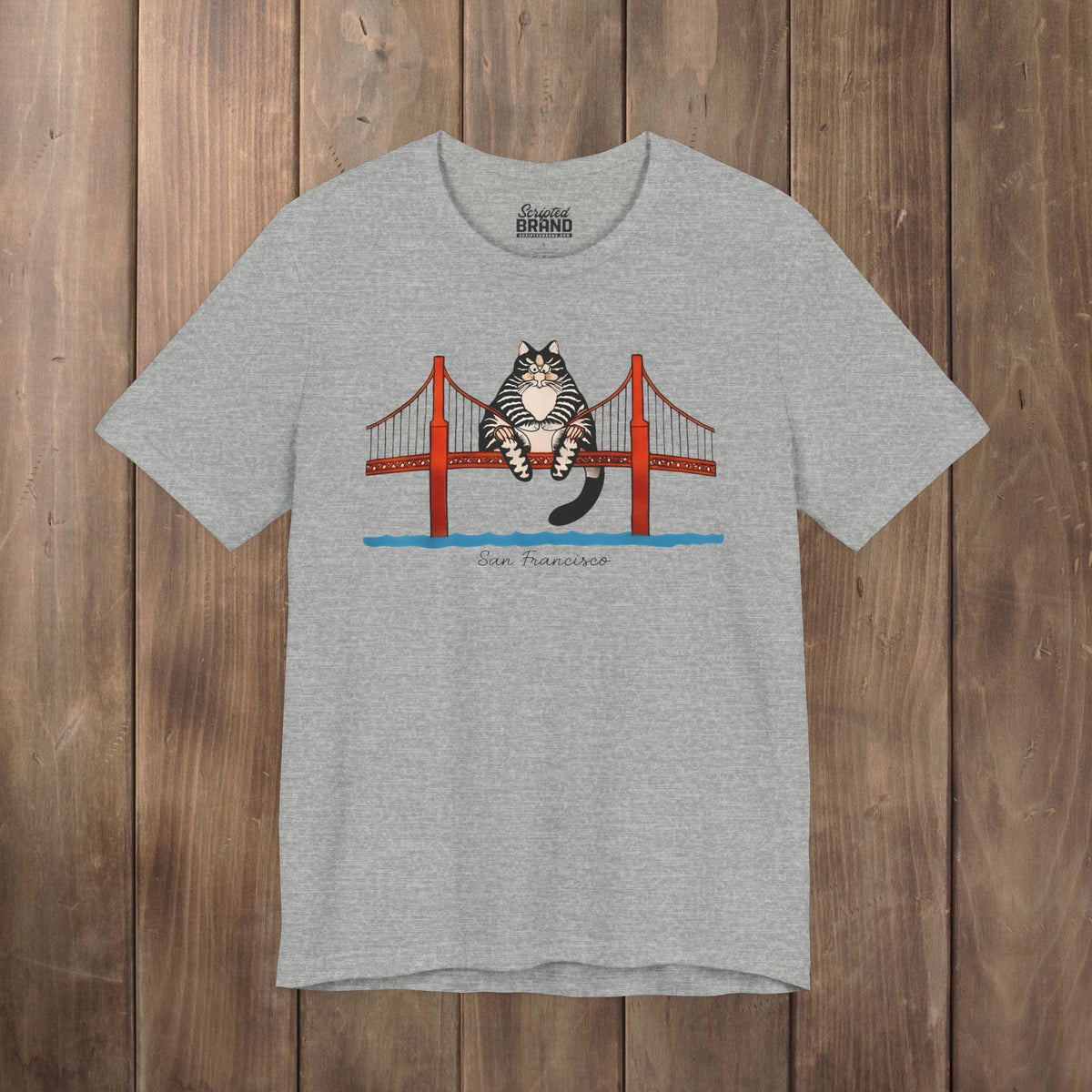Heather gray tee with illustrated tabby cat sitting on the Golden Gate Bridge, San Francisco, Project Hail Mary