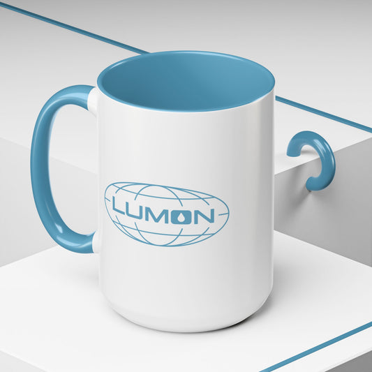 Front angled mockup of a White Ceramic Mug (15 oz) with the blue Lumon Industries logo on both sides, inspired by the Apple TV show Severance.