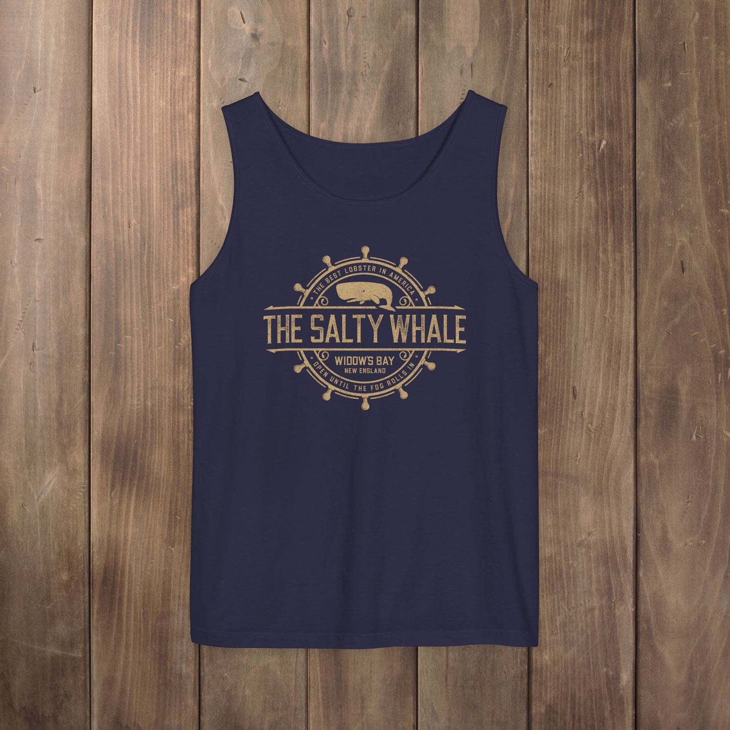 Navy blue garment-dyed tank top with vintage Widow's Bay The Salty Whale nautical crest design