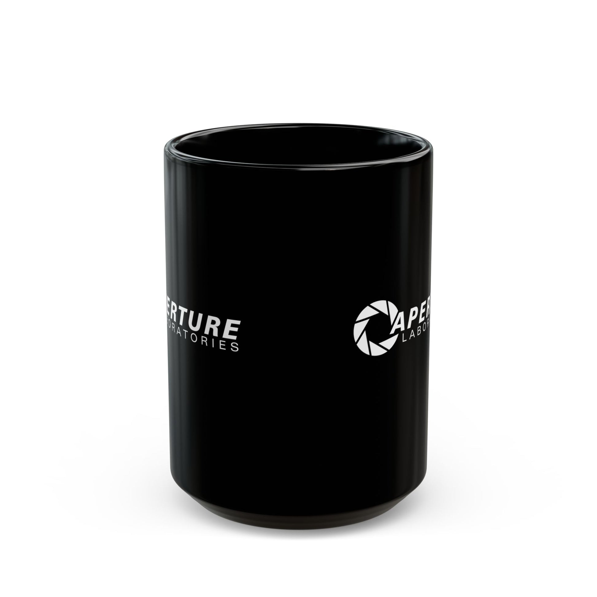 Side view of a 15 oz Black Ceramic Mug with the white Aperture Laboratories logo from the video game Portal and Portal 2 on both sides, shown with both logos visible, sold by ScriptedBrand.