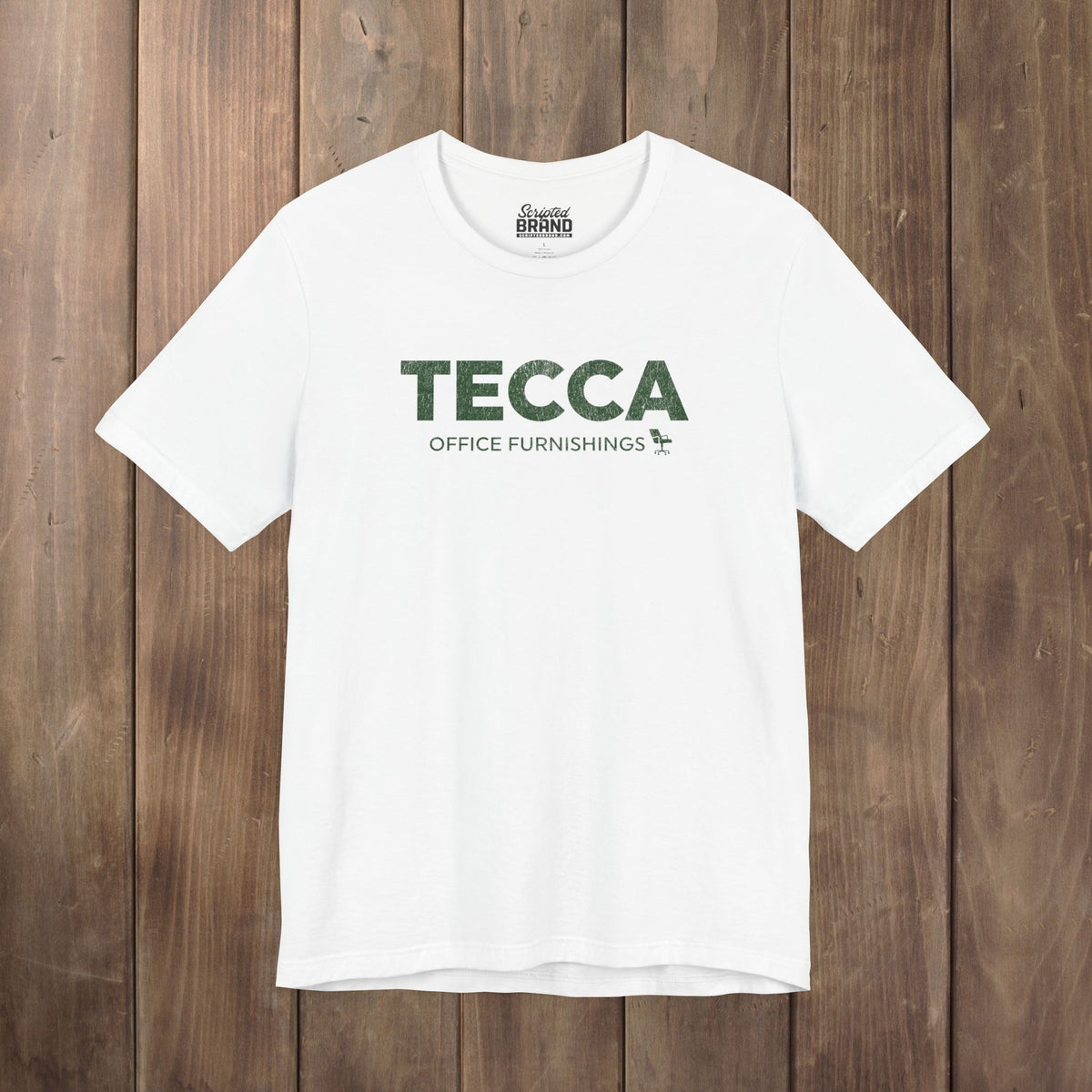 White TECCA Office Furnishings tee inspired by The Chair Company. Bella+Canvas tim robinson shirt comedy.