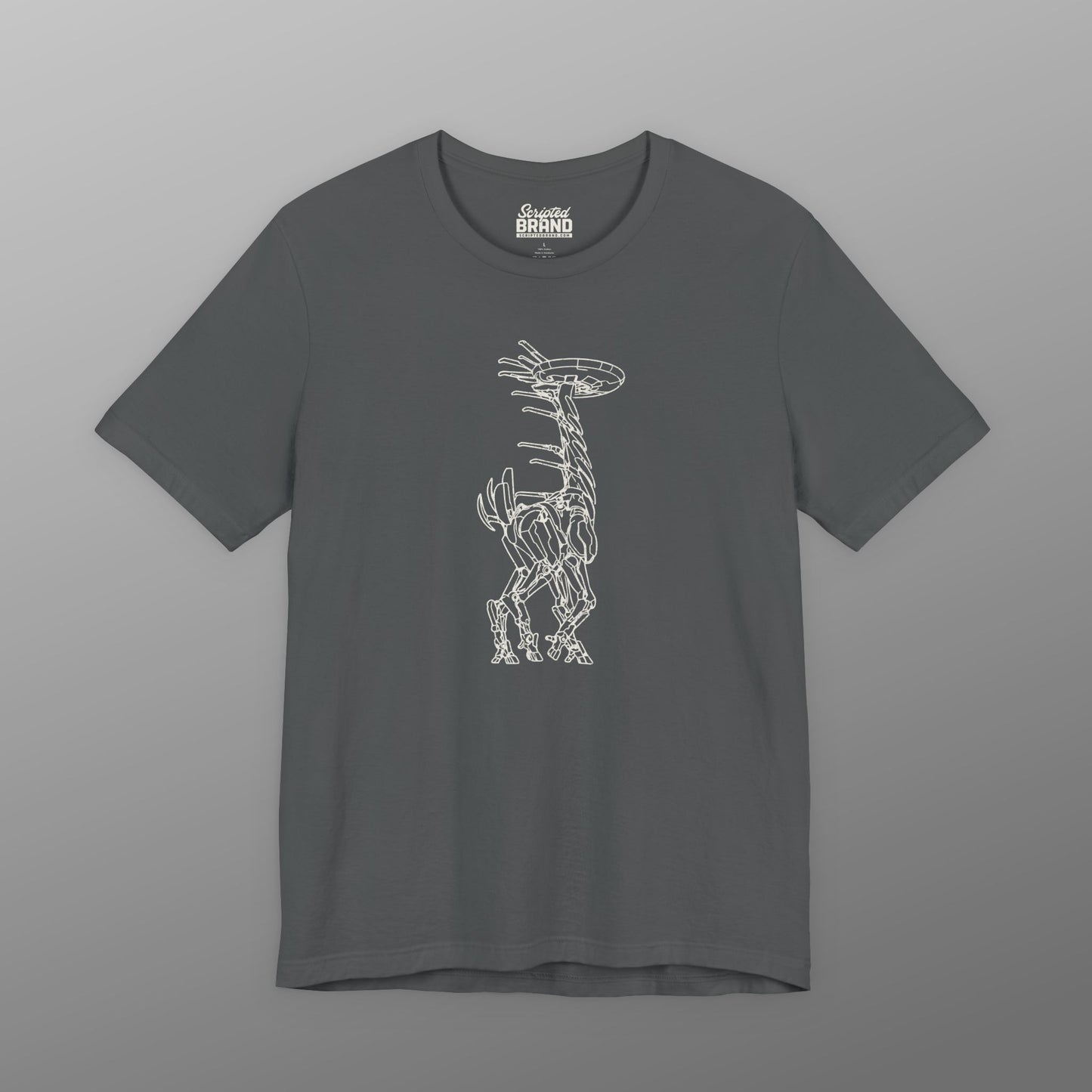 Asphalt gray Tallneck vintage line-art graphic t-shirt inspired by Horizon Zero Dawn and Forbidden West, soft Bella+Canvas cotton tee