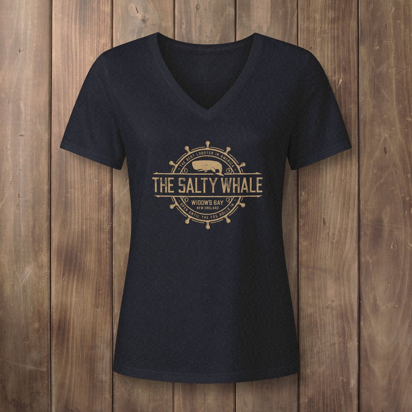 Heather black womens v-neck tee with gold vintage The Salty Whale nautical crest inspired by Widow's Bay show
