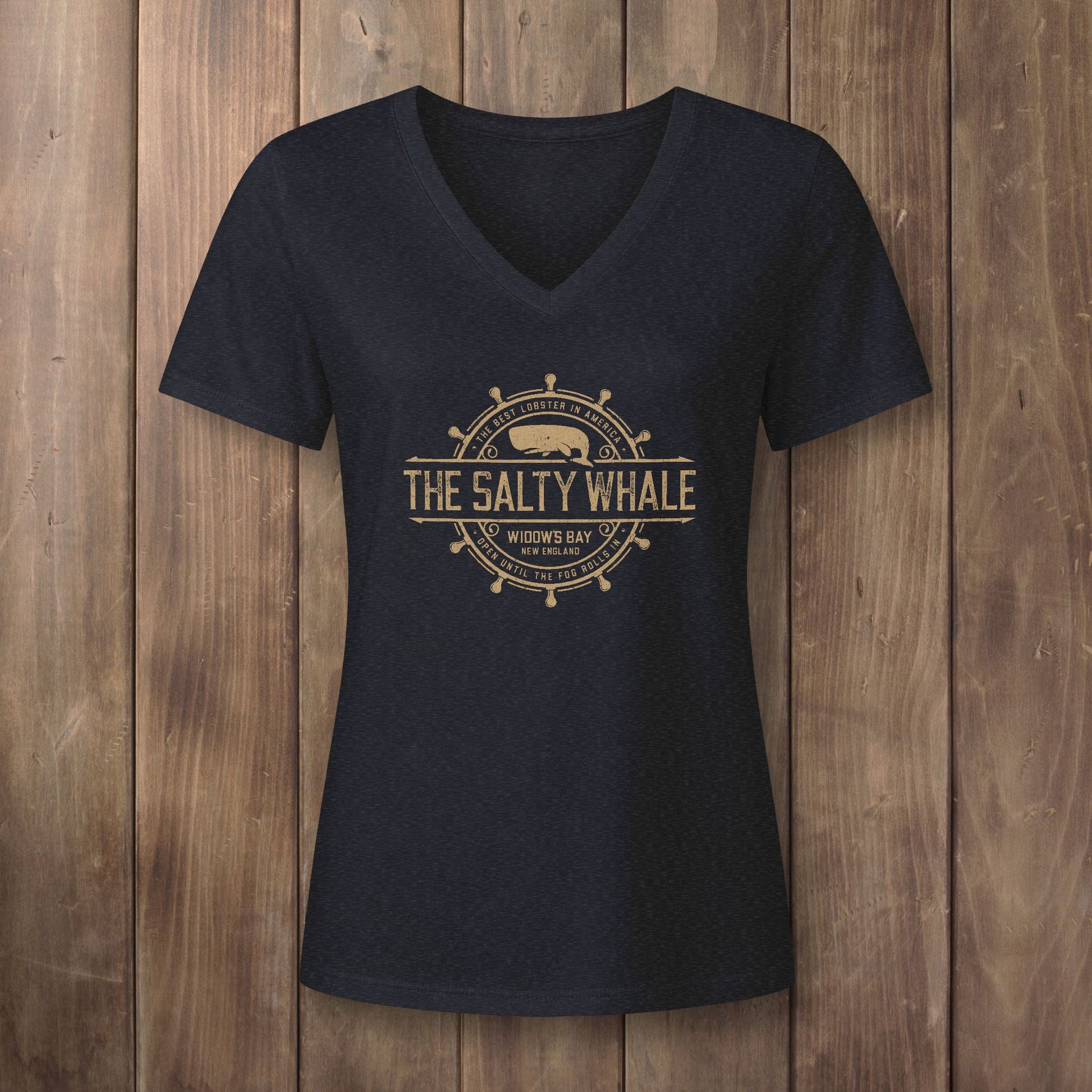 Heather black womens v-neck tee with gold vintage The Salty Whale nautical crest inspired by Widow's Bay show