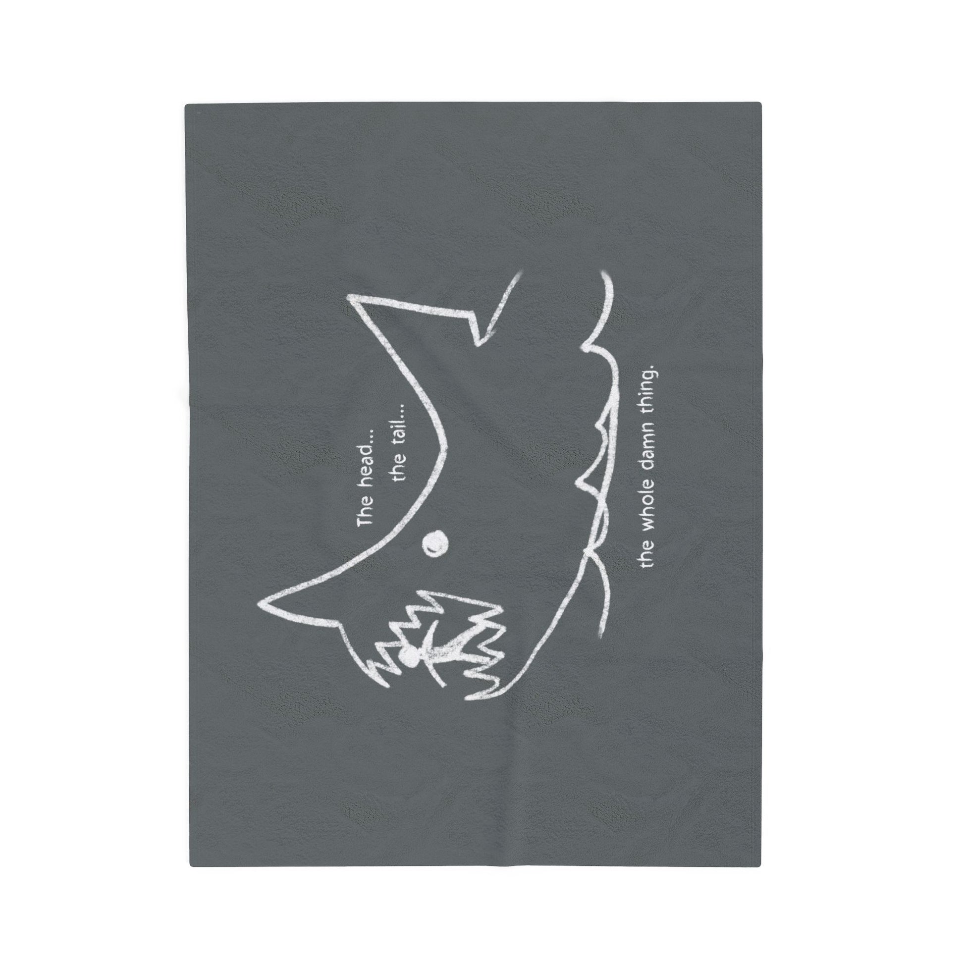 Flat view of Velveteen plush blanket with Quint’s chalkboard shark drawing from Jaws.