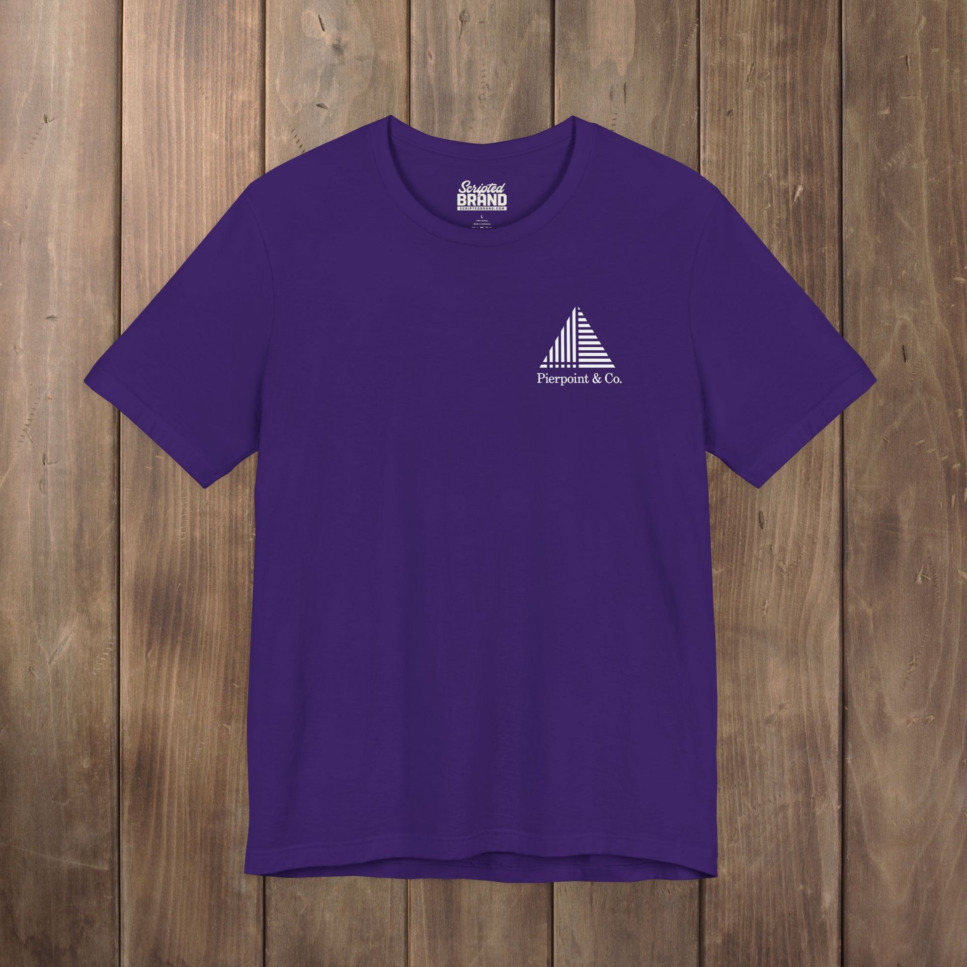 Purple Pierpoint & Co. corner logo t-shirt inspired by HBO Industry TV series, soft Bella+Canvas cotton investment bank fan tee