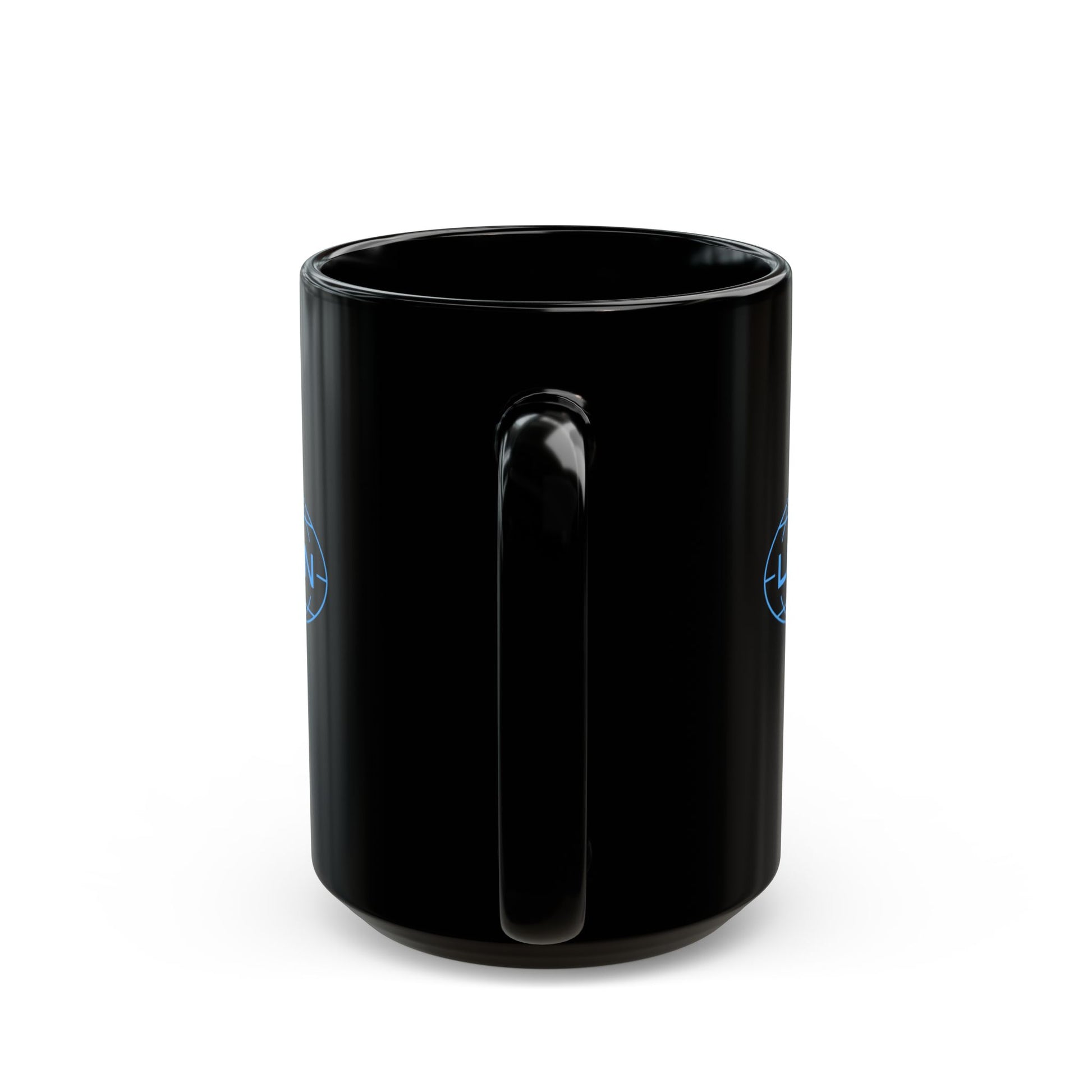 Handle angle view of a 15 oz Black Ceramic Mug with the Lumon Industries logo from the Apple TV show Severance printed on both sides.