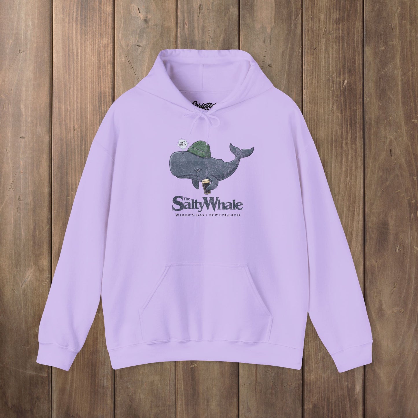 Orchid purple 'The Salty Whale' cartoon mascot hoodie inspired by Widow's Bay Apple TV series, heavy blend pullover sweatshirt