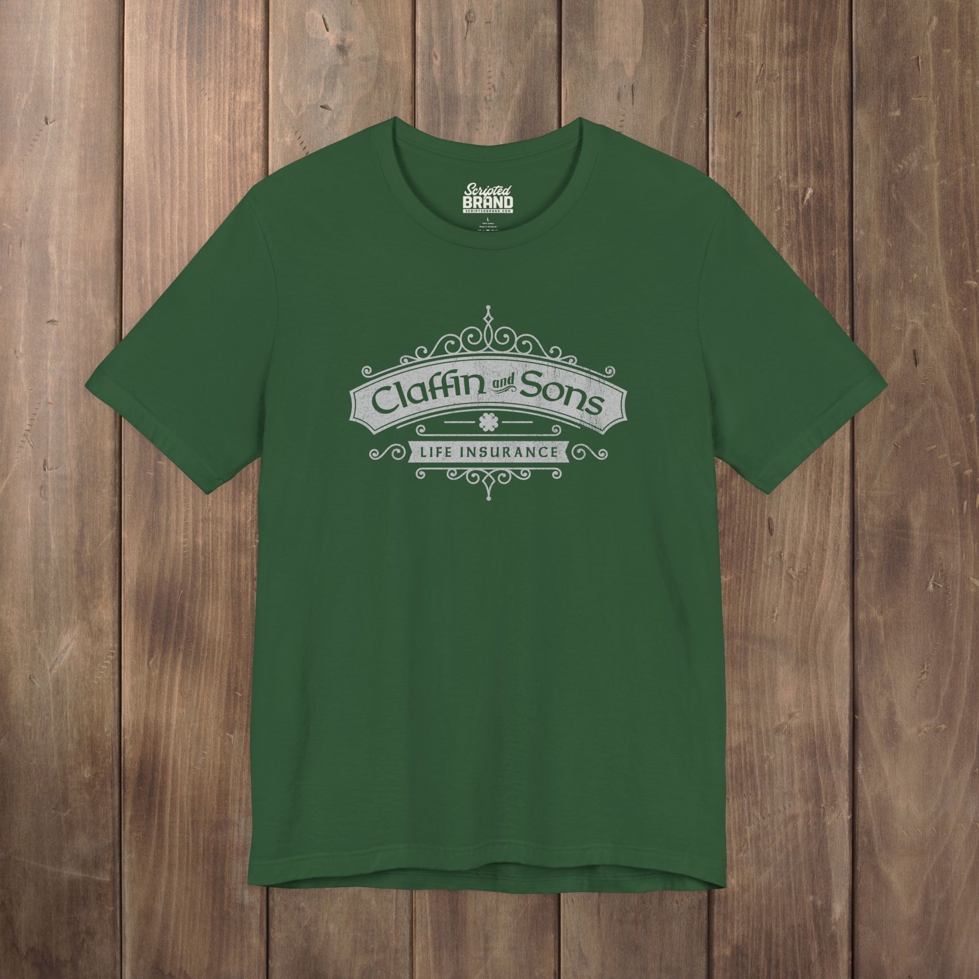 Dark Green tee with vintage distressed Claffin and Sons Life Insurance, Bad Sisters TV show graphic