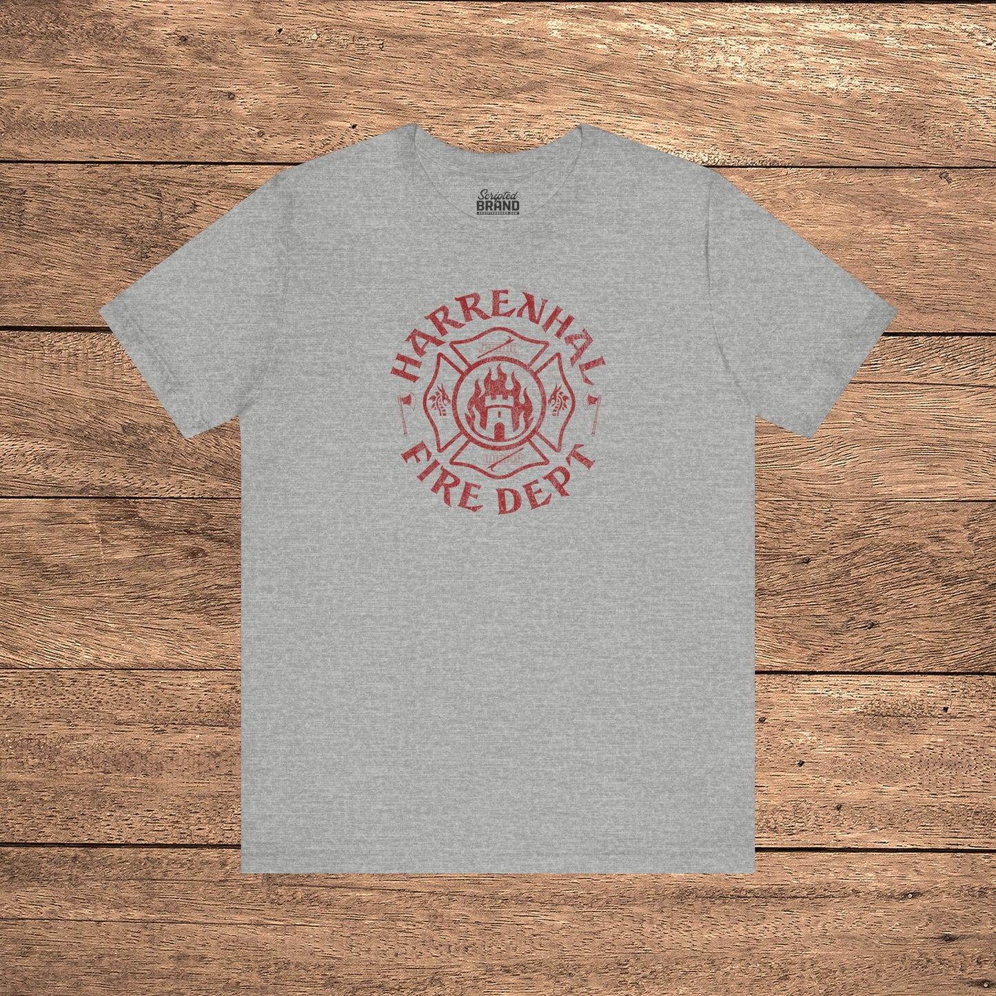 Heather gray Harrenhal Fire Department vintage distressed graphic t-shirt, soft Bella+Canvas cotton Game of Thrones inspired tee