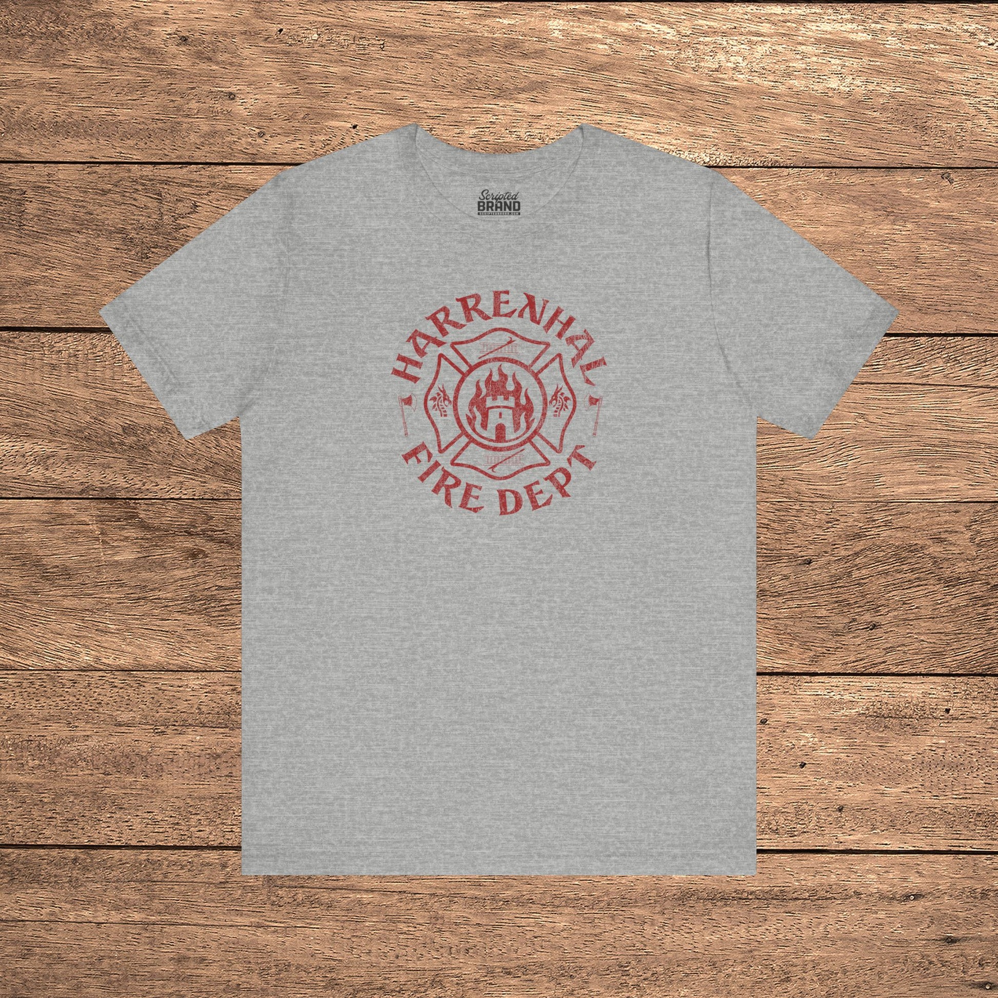 Heather gray Harrenhal Fire Department vintage distressed graphic t-shirt, soft Bella+Canvas cotton Game of Thrones inspired tee