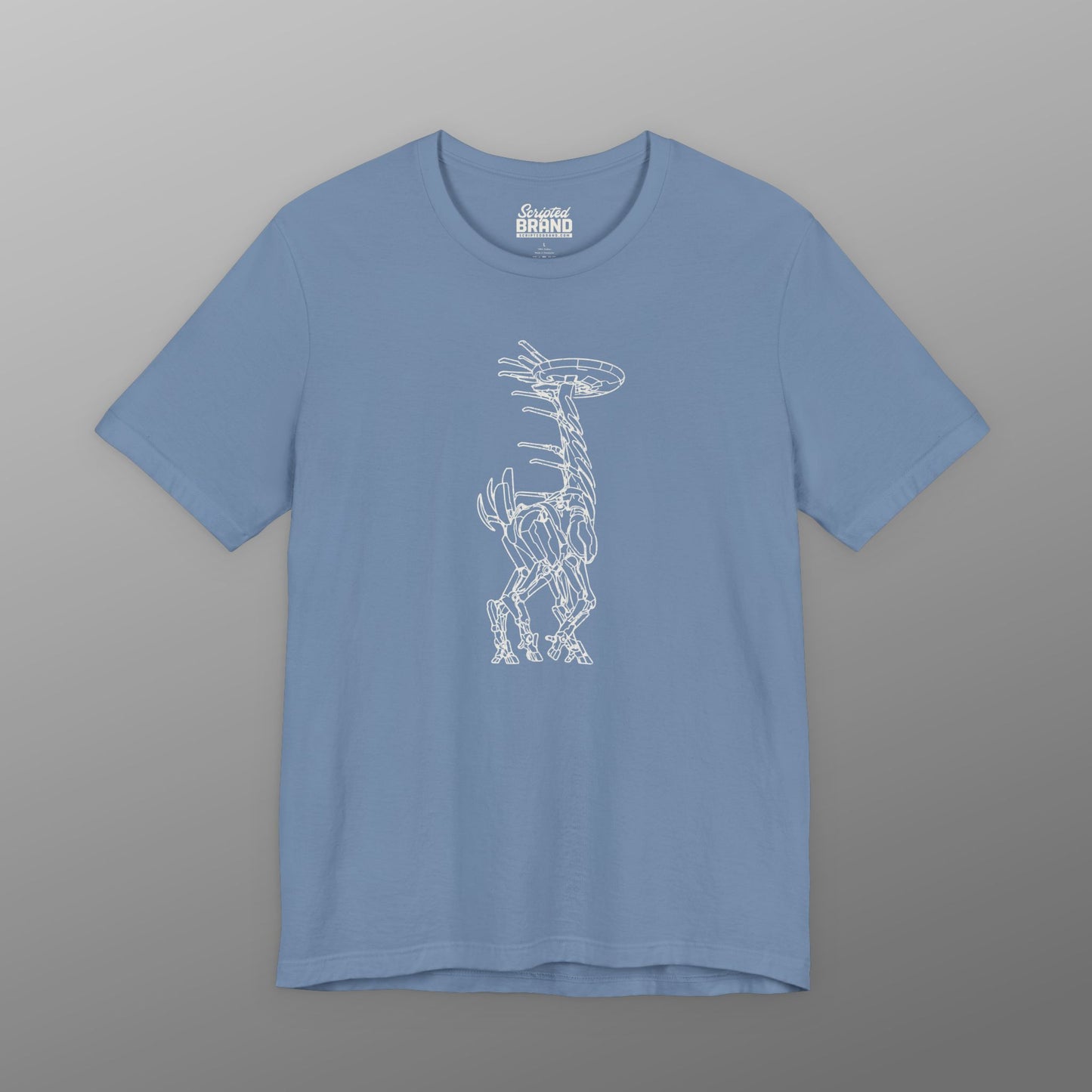 Steel blue Tallneck vintage line-art graphic t-shirt inspired by Horizon Zero Dawn and Forbidden West, soft Bella+Canvas cotton tee