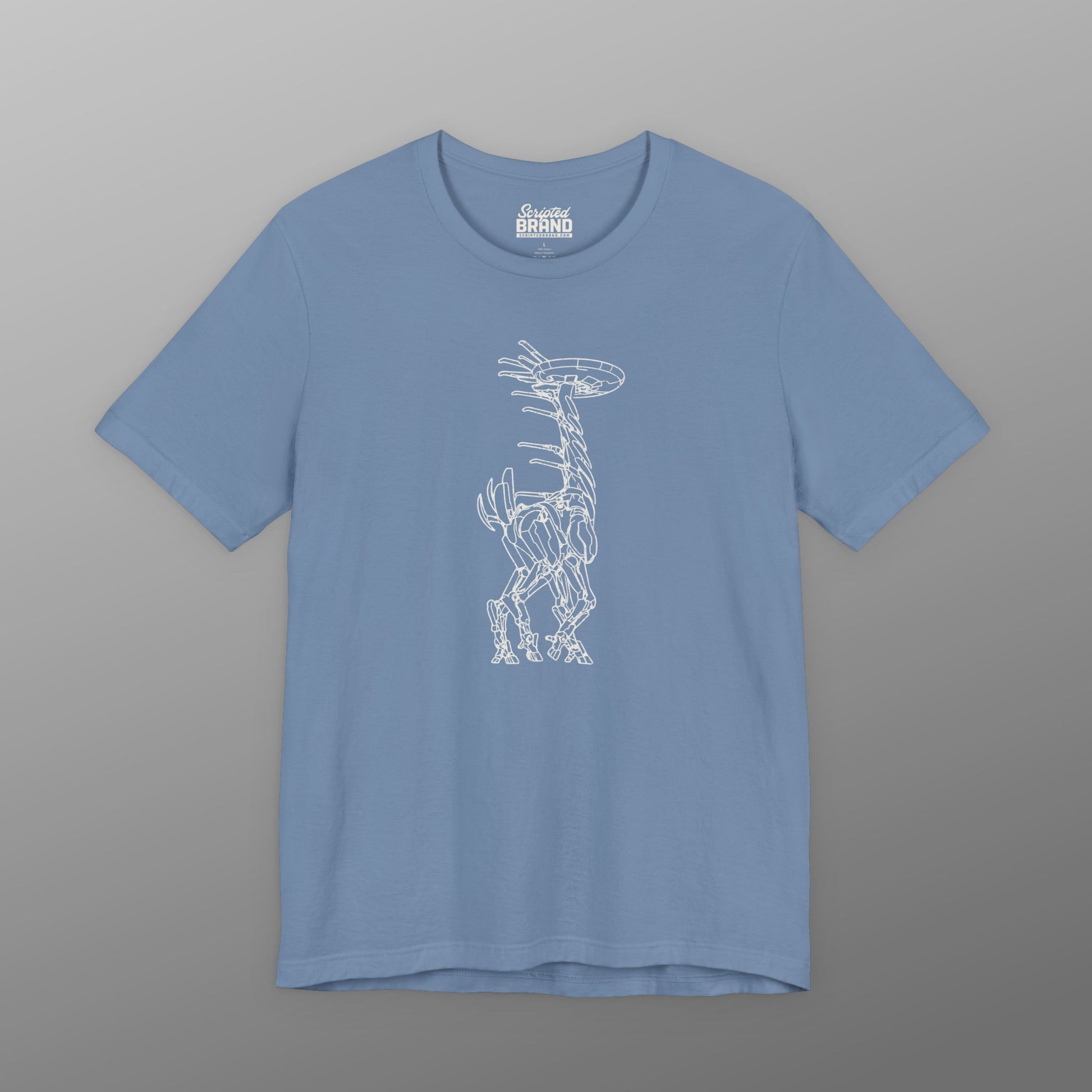 Steel blue Tallneck vintage line-art graphic t-shirt inspired by Horizon Zero Dawn and Forbidden West, soft Bella+Canvas cotton tee