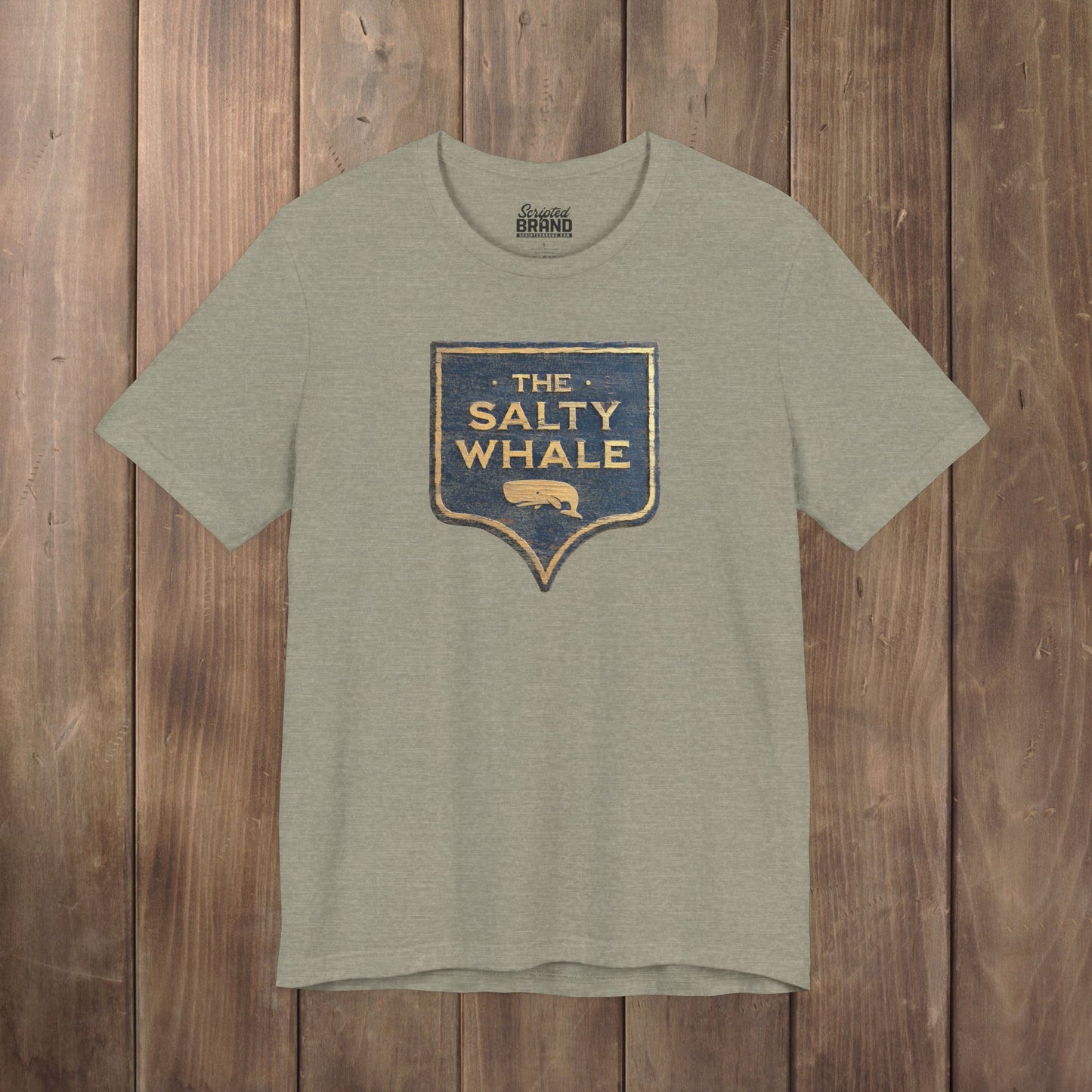 Heather Stone colored 'The Salty Whale' weathered carved-wood pub sign t-shirt inspired by Widow's Bay Apple TV series, heather Bella+Canvas tee