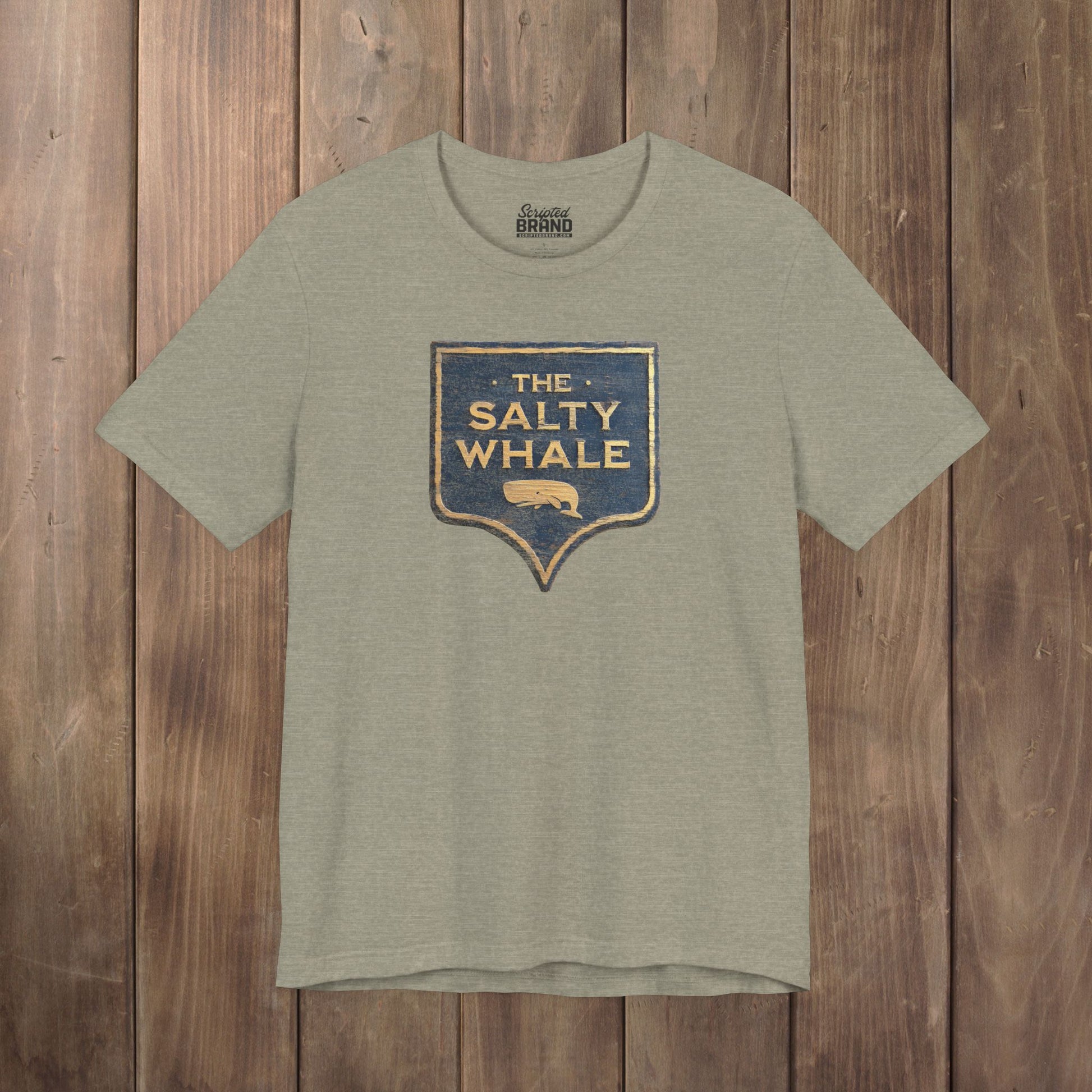 Heather Stone colored 'The Salty Whale' weathered carved-wood pub sign t-shirt inspired by Widow's Bay Apple TV series, heather Bella+Canvas tee