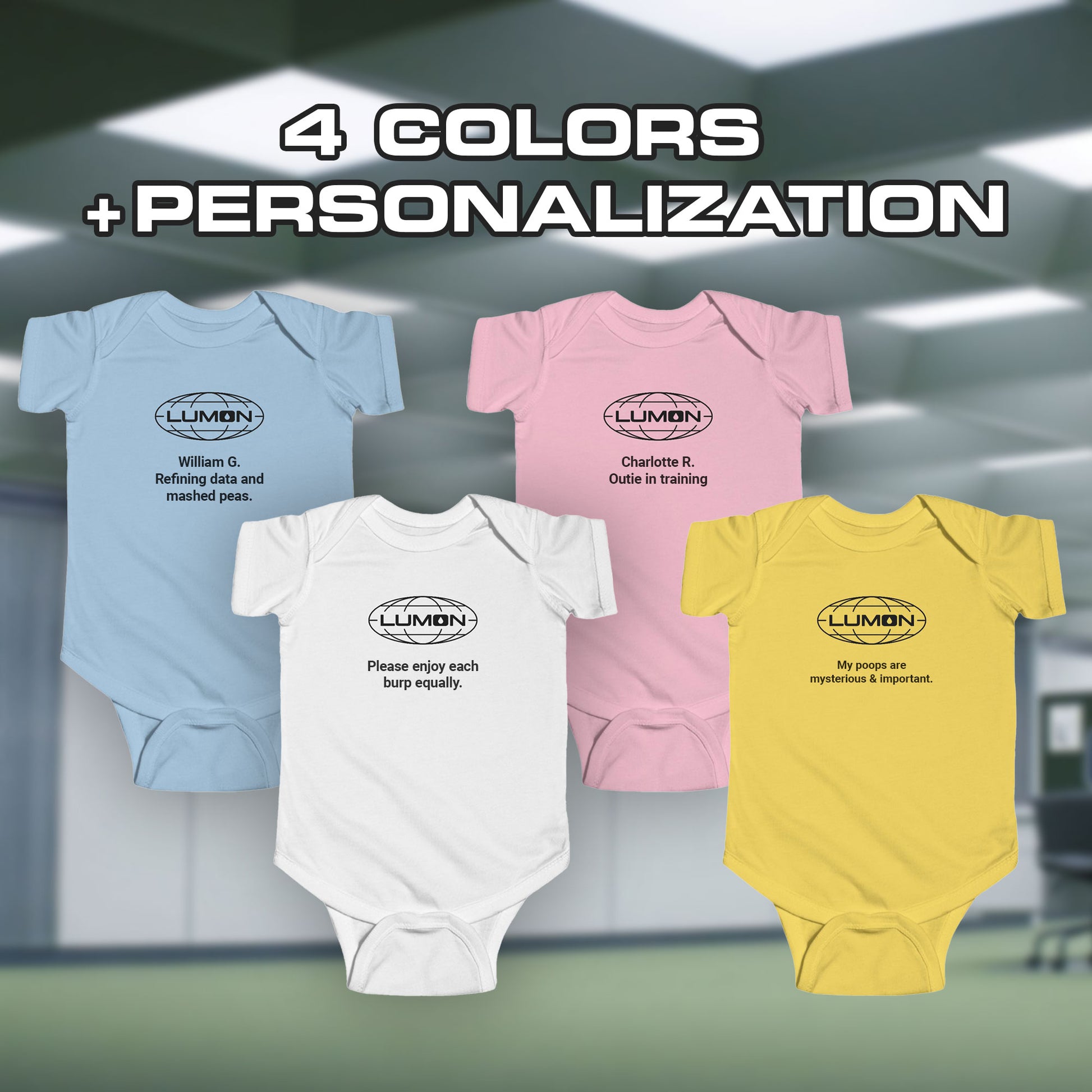 Group of 4 Infant Fine Jersey Bodysuit Onesiesfor babies featuring the Lumon Industries logo and customizable text (up to 120 characters) inspired by the Apple TV show Severance.
