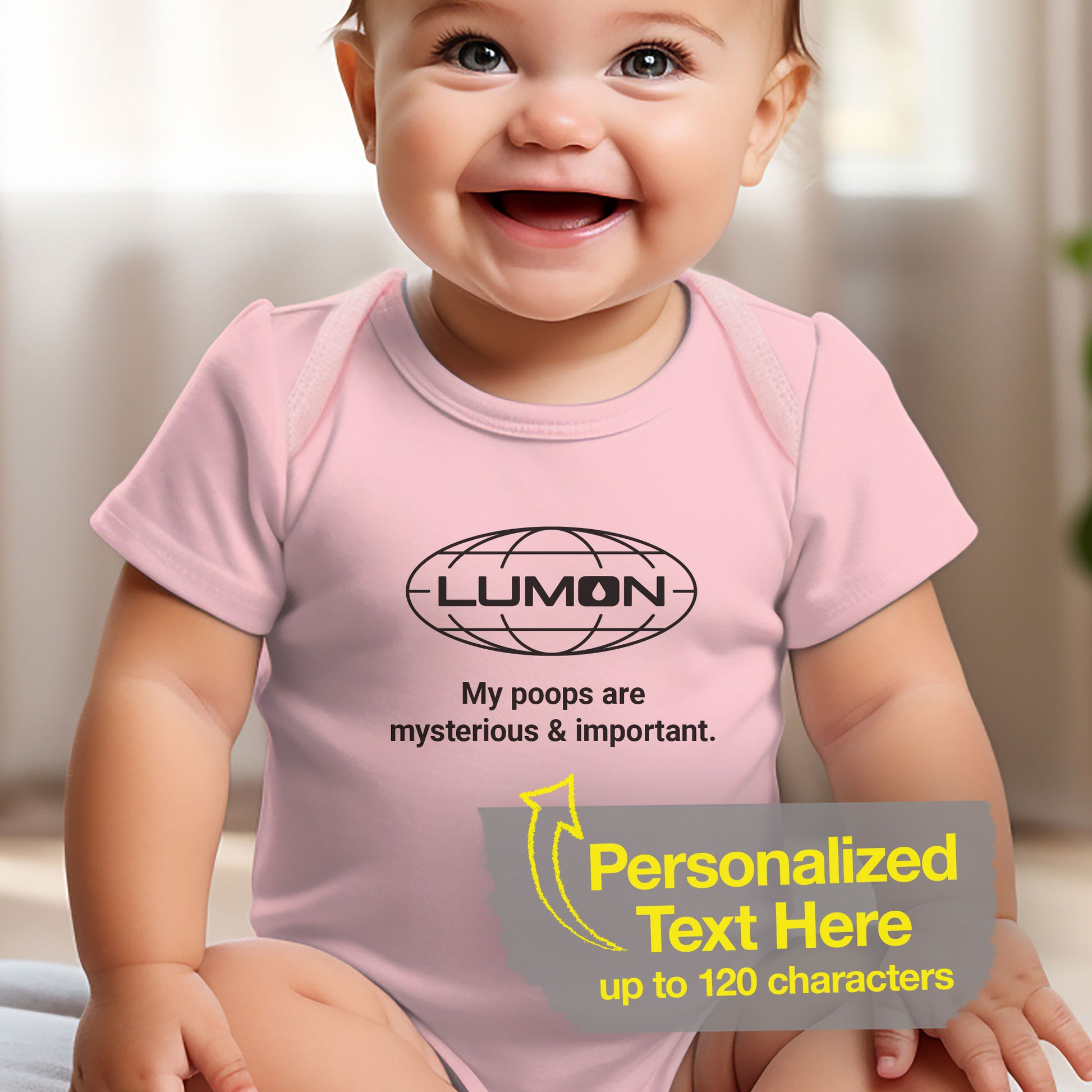 Baby girl wearing a pink Infant Fine Jersey Bodysuit Onesie for babies featuring the Lumon Industries logo and customizable text (up to 120 characters) inspired by the Apple TV show Severance. Custom text says "My poops are mysterious & important"
