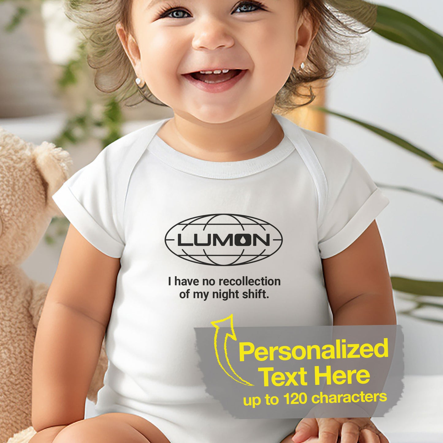 Smiling baby girl wearing a white Infant Fine Jersey Bodysuit Onesie for babies featuring the Lumon Industries logo and customizable text (up to 120 characters) inspired by the Apple TV show Severance. Custom text says "I Have No Recollection of My Night Shift"
