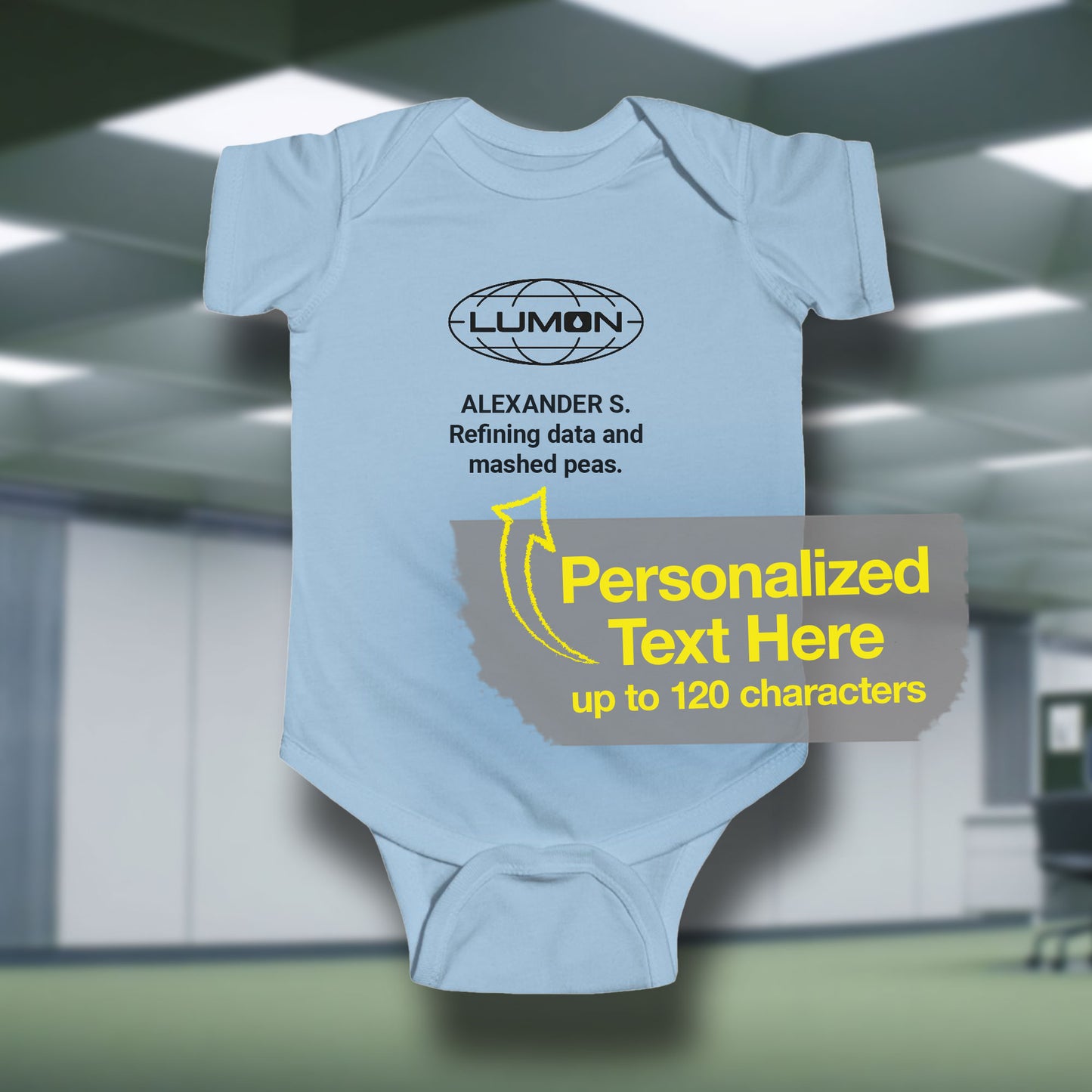 Mockup of a blue Infant Fine Jersey Bodysuit Onesie for babies featuring the Lumon Industries logo and customizable text (up to 120 characters) inspired by the Apple TV show Severance.