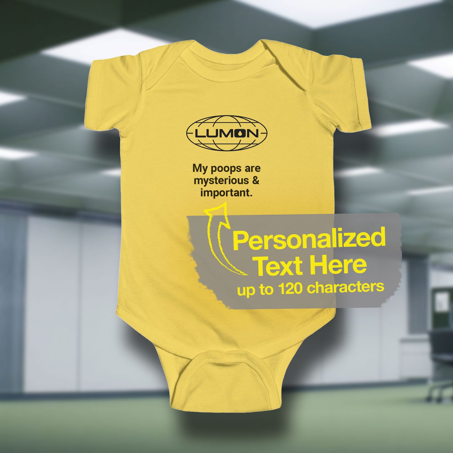 Mockup of a butter yellow Infant Fine Jersey Bodysuit Onesie for babies featuring the Lumon Industries logo and customizable text (up to 120 characters) inspired by the Apple TV show Severance.