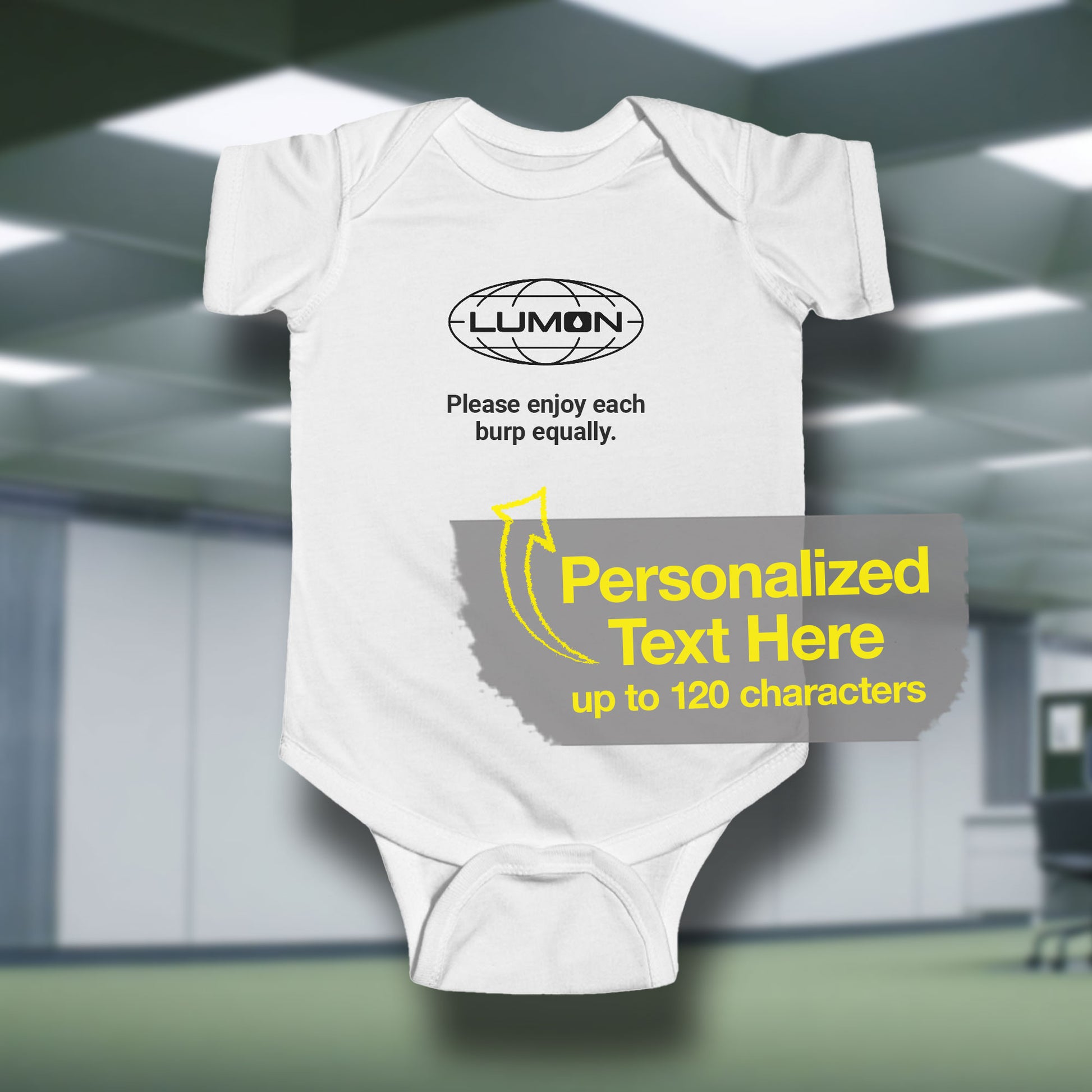 Mockup of a white Infant Fine Jersey Bodysuit Onesie for babies featuring the Lumon Industries logo and customizable text (up to 120 characters) inspired by the Apple TV show Severance.