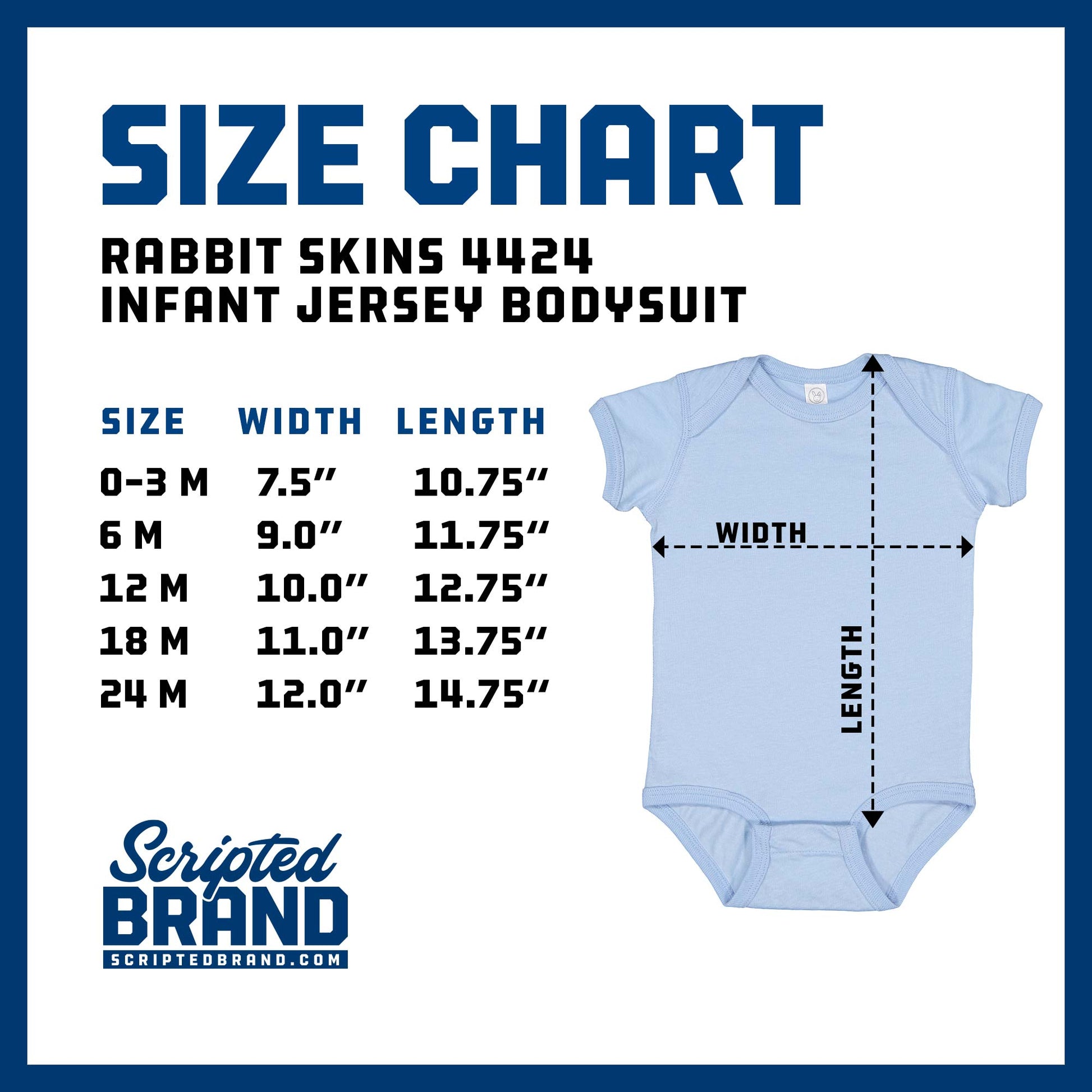 Size chart of Infant Fine Jersey Bodysuit Onesies for babies sold by ScriptedBrand