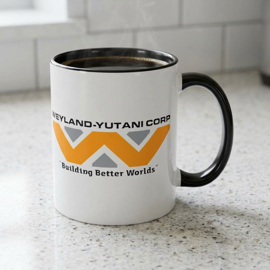 Weyland-Yutani Corp ceramic accent mug inspired by Alien movie, Building Better Worlds logo on white mug with black handle