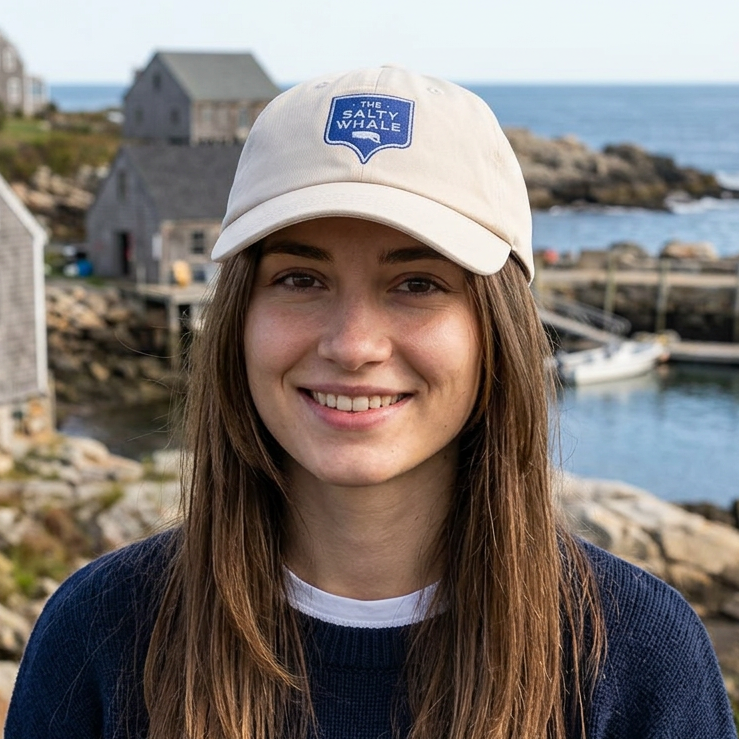 Person wearing Stone colored 'The Salty Whale' embroidered sign logo dad cap inspired by Widow's Bay Apple TV series, 100% cotton baseball hat