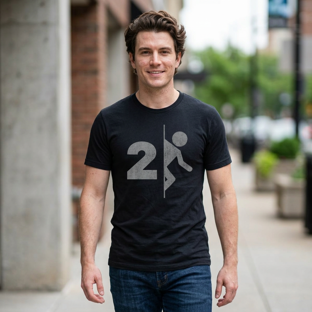 Man wearing black tee with vintage distressed Portal 2 partial logo figure diving through a portal, aperture labs