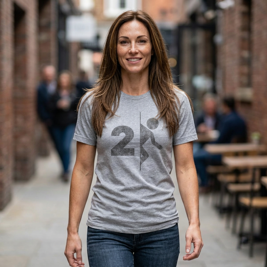 Person wearing heather gray tee with vintage distressed Portal 2 partial logo figure diving through a portal, aperture labs