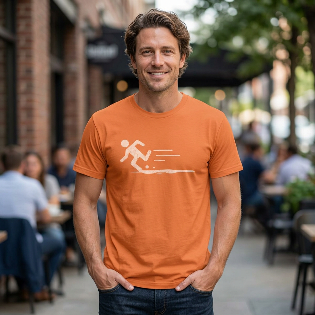 Person wearing Burnt orange tee with vintage distressed Portal 2 Propulsion Gel icon of a figure sprinting fast